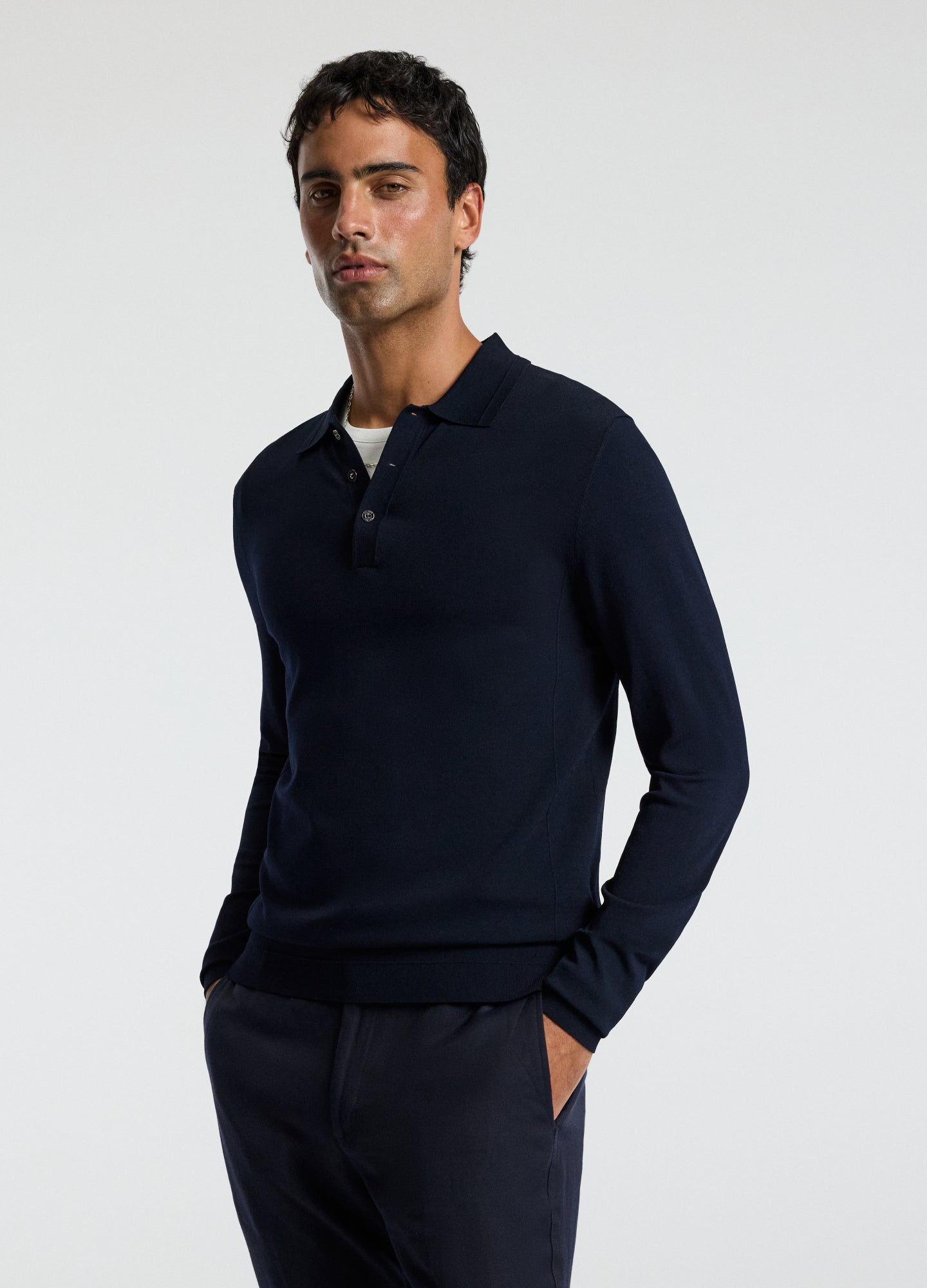 Long Sleeve Tech Knit Polo Naval Blue