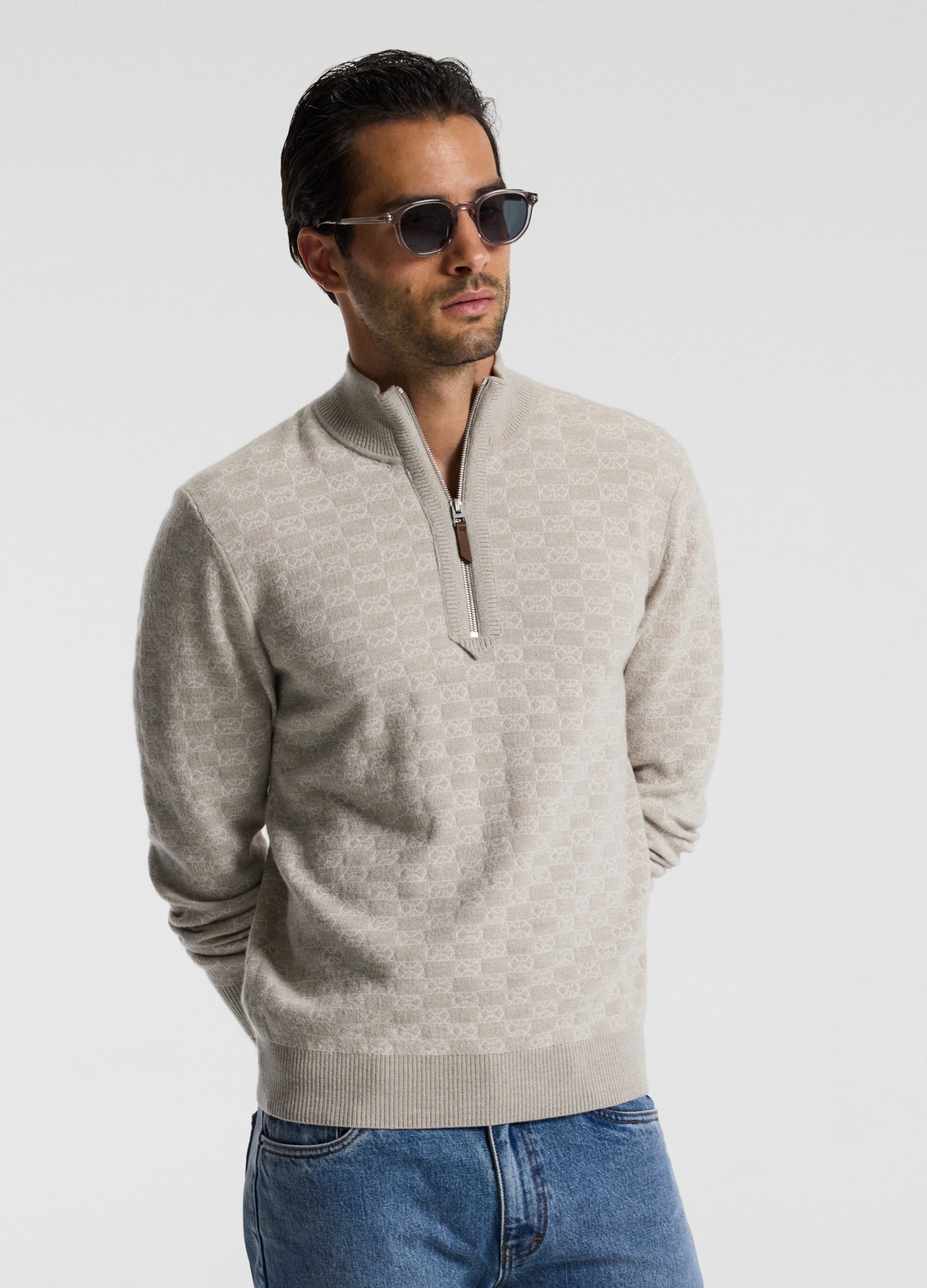 Quarter Zip Monogram Jacquard Sweater Stone