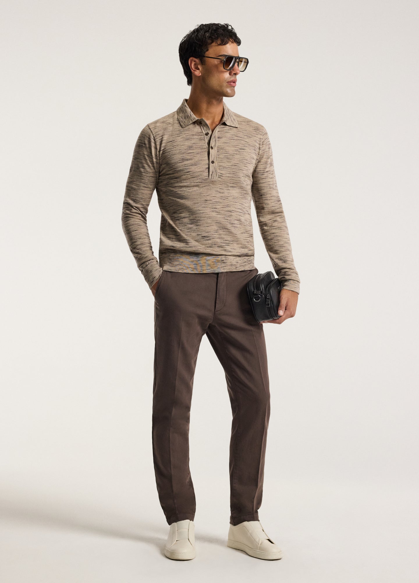 Melange Merino Wool Long Sleeve Polo Flint