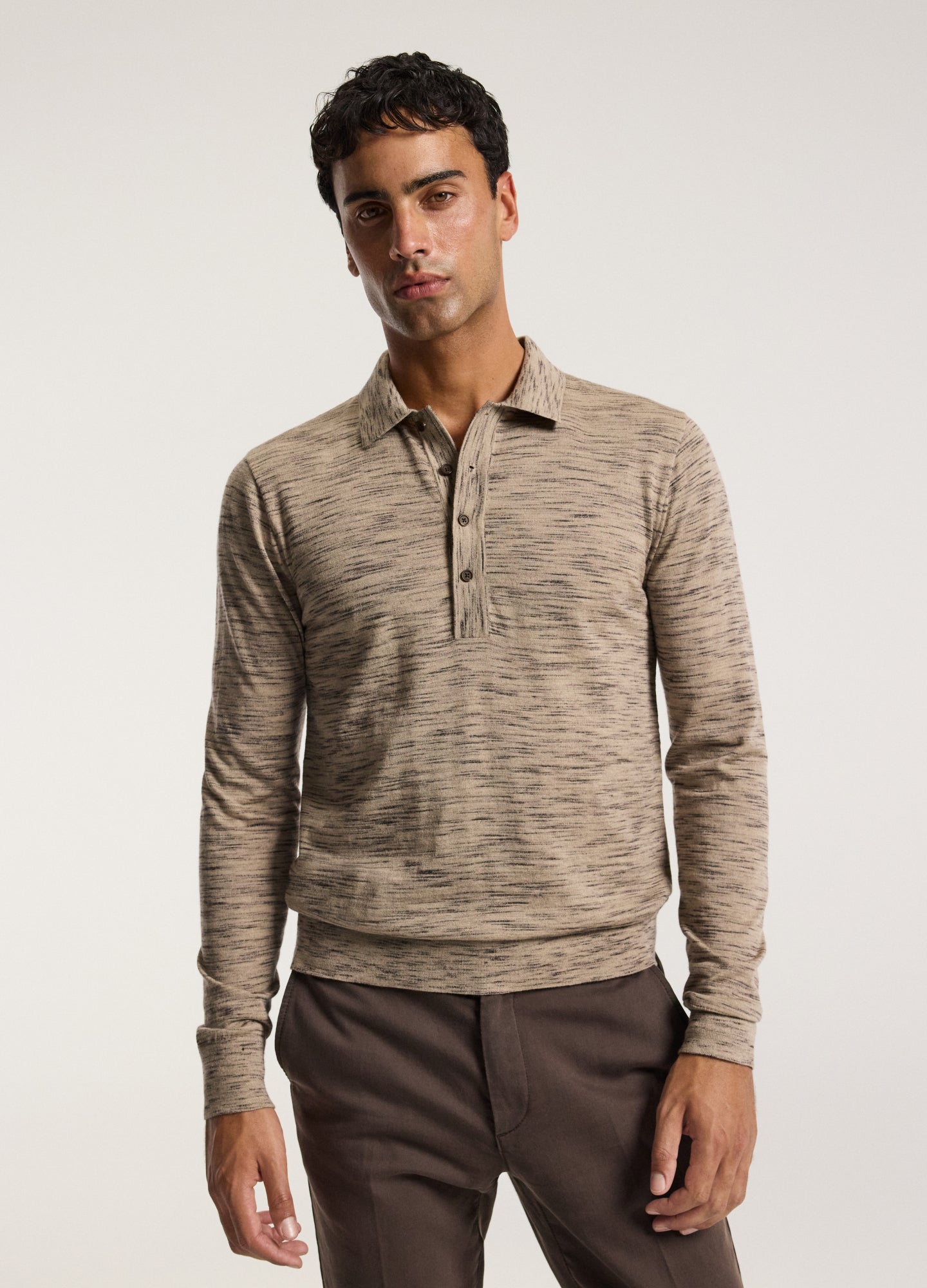 Melange Merino Wool Long Sleeve Polo Flint