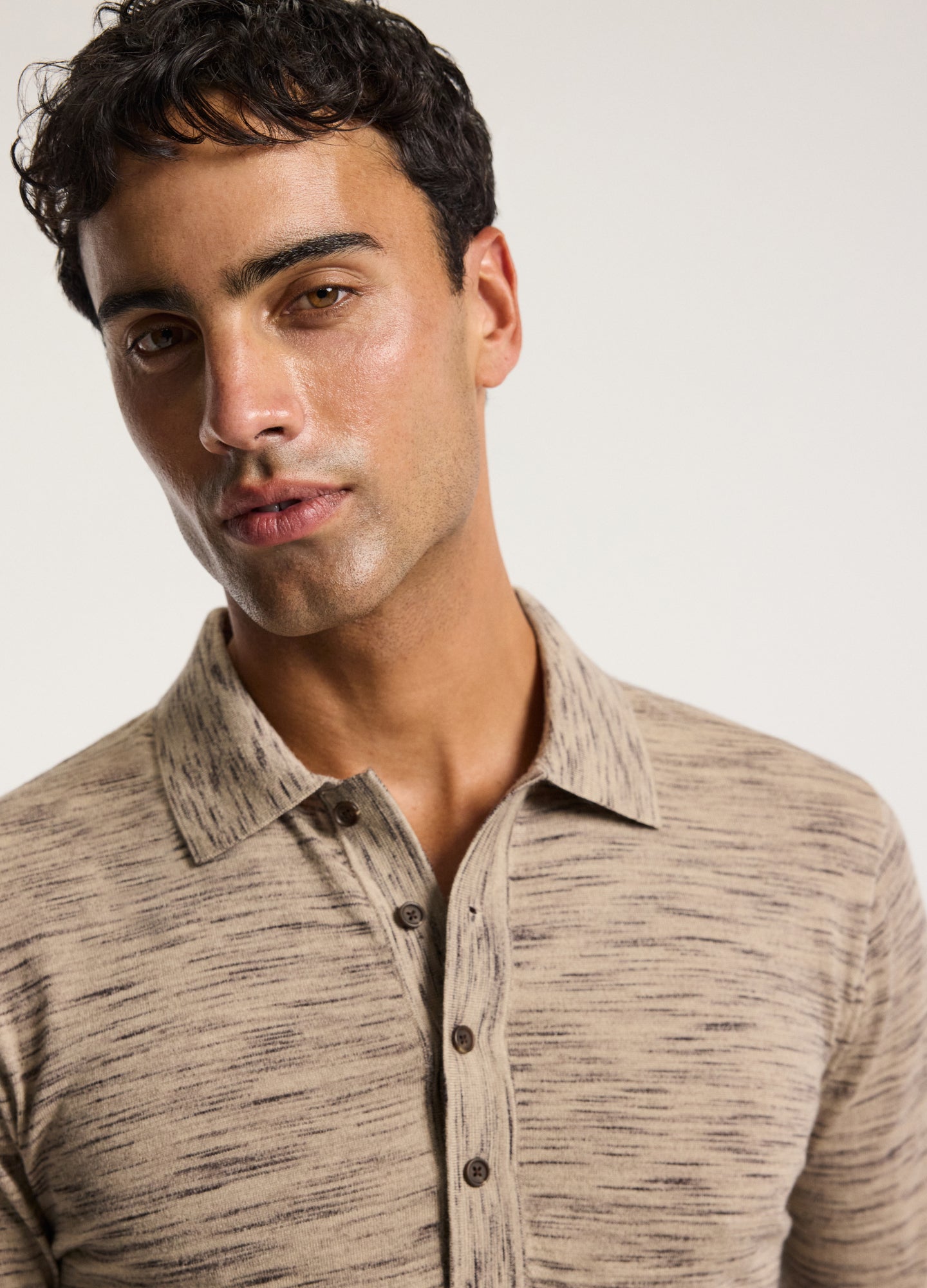 Melange Merino Wool Long Sleeve Polo Flint