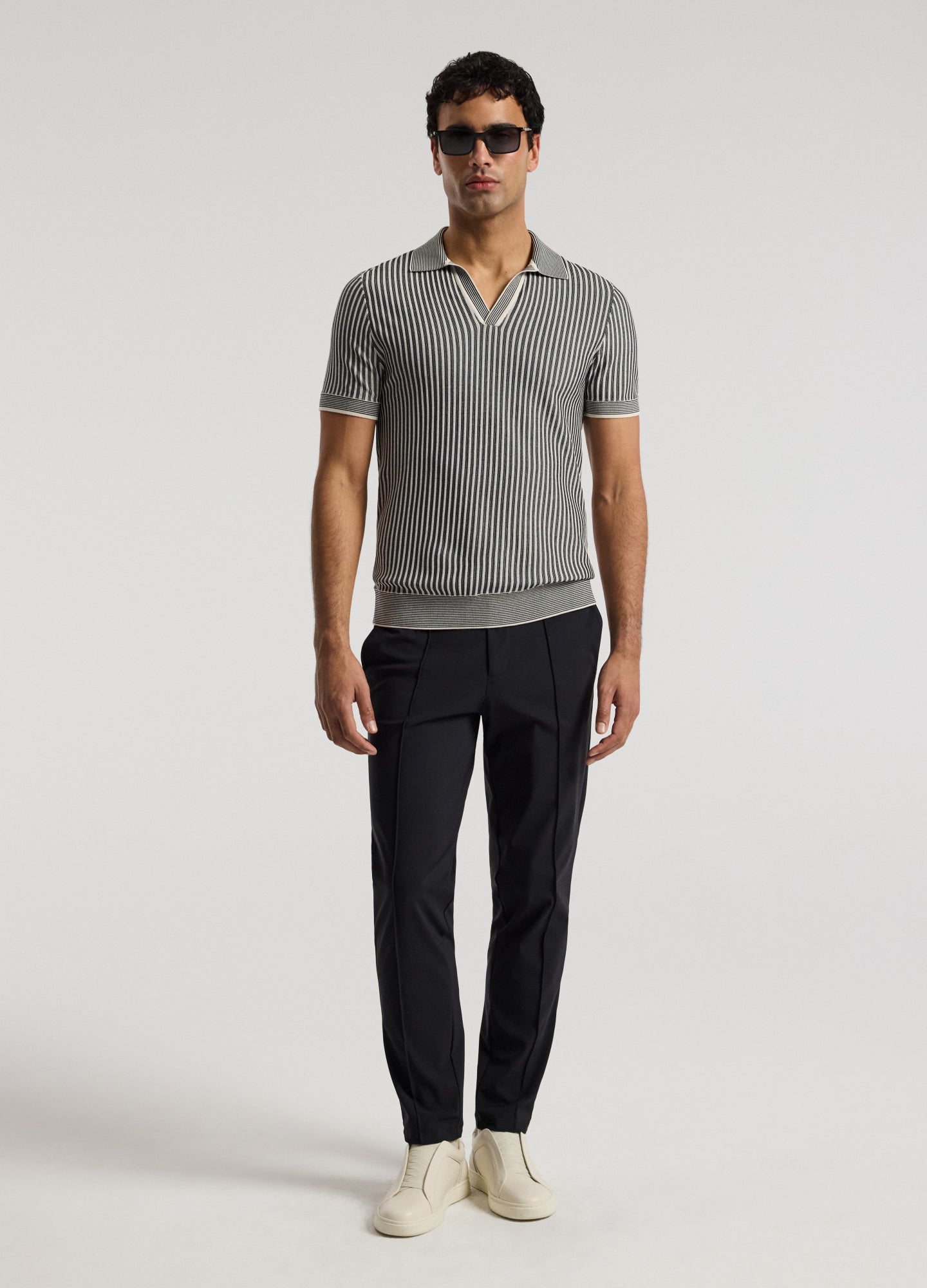 Ribbed Technical Knit Stripe Polo Navy