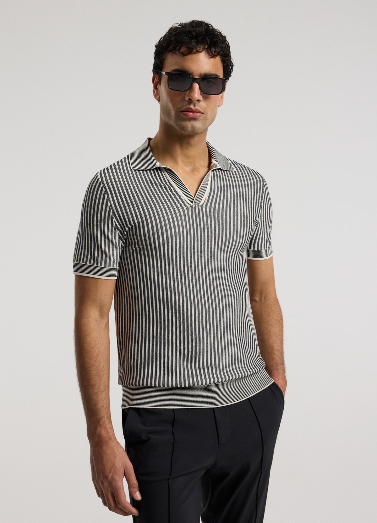Ribbed Technical Knit Stripe Polo Navy