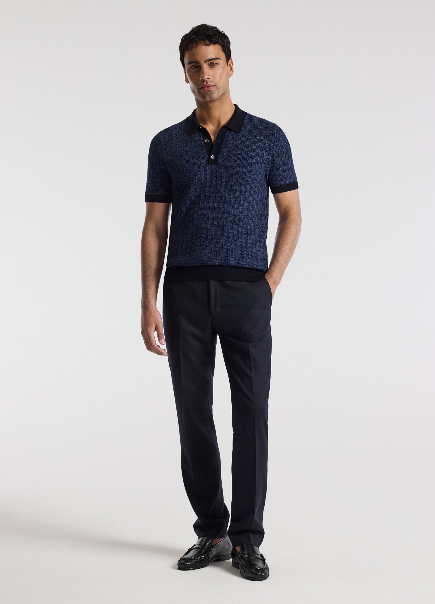 Textured Jacquard Merino Polo Navy