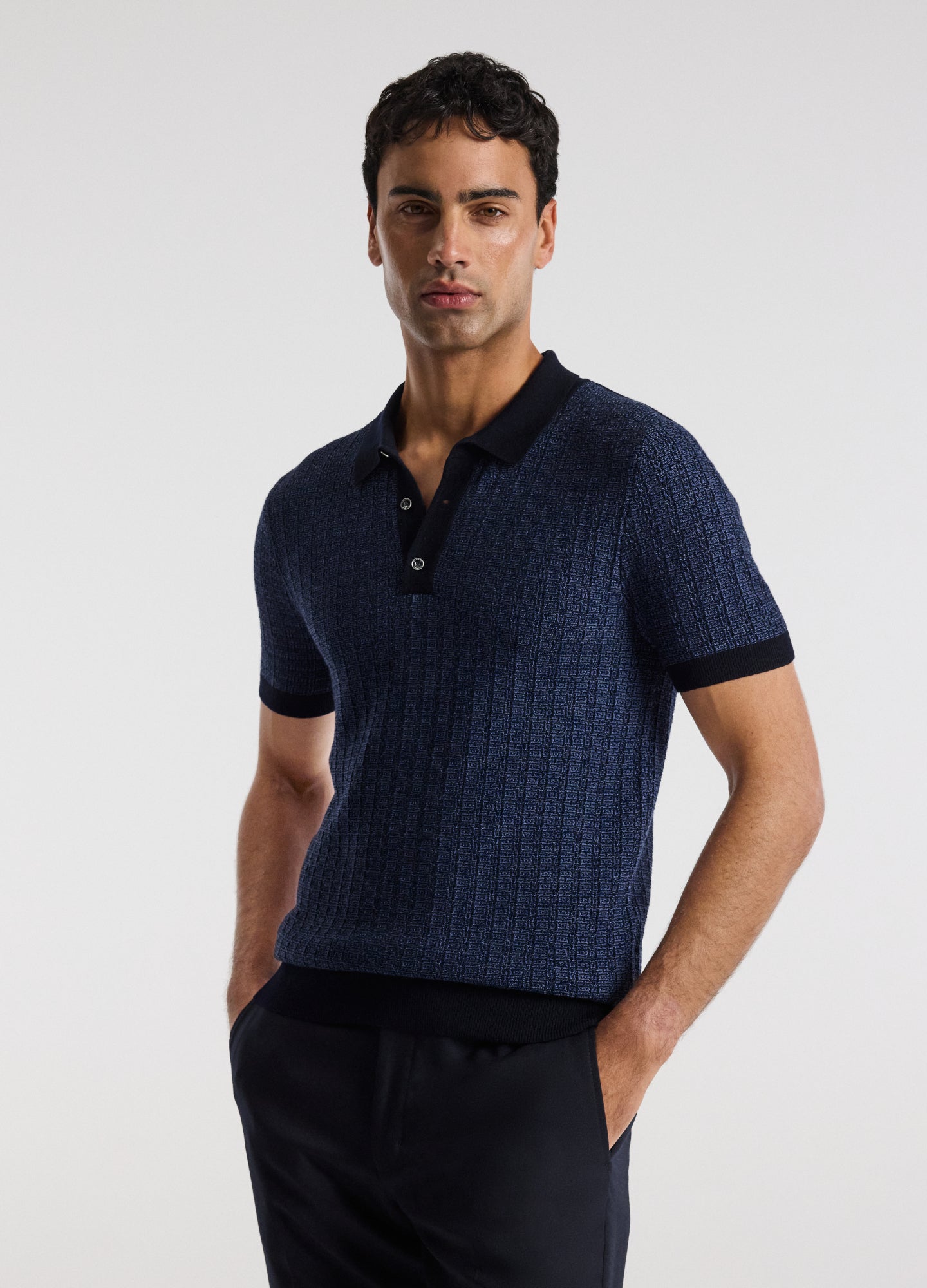 Textured Jacquard Merino Polo Navy