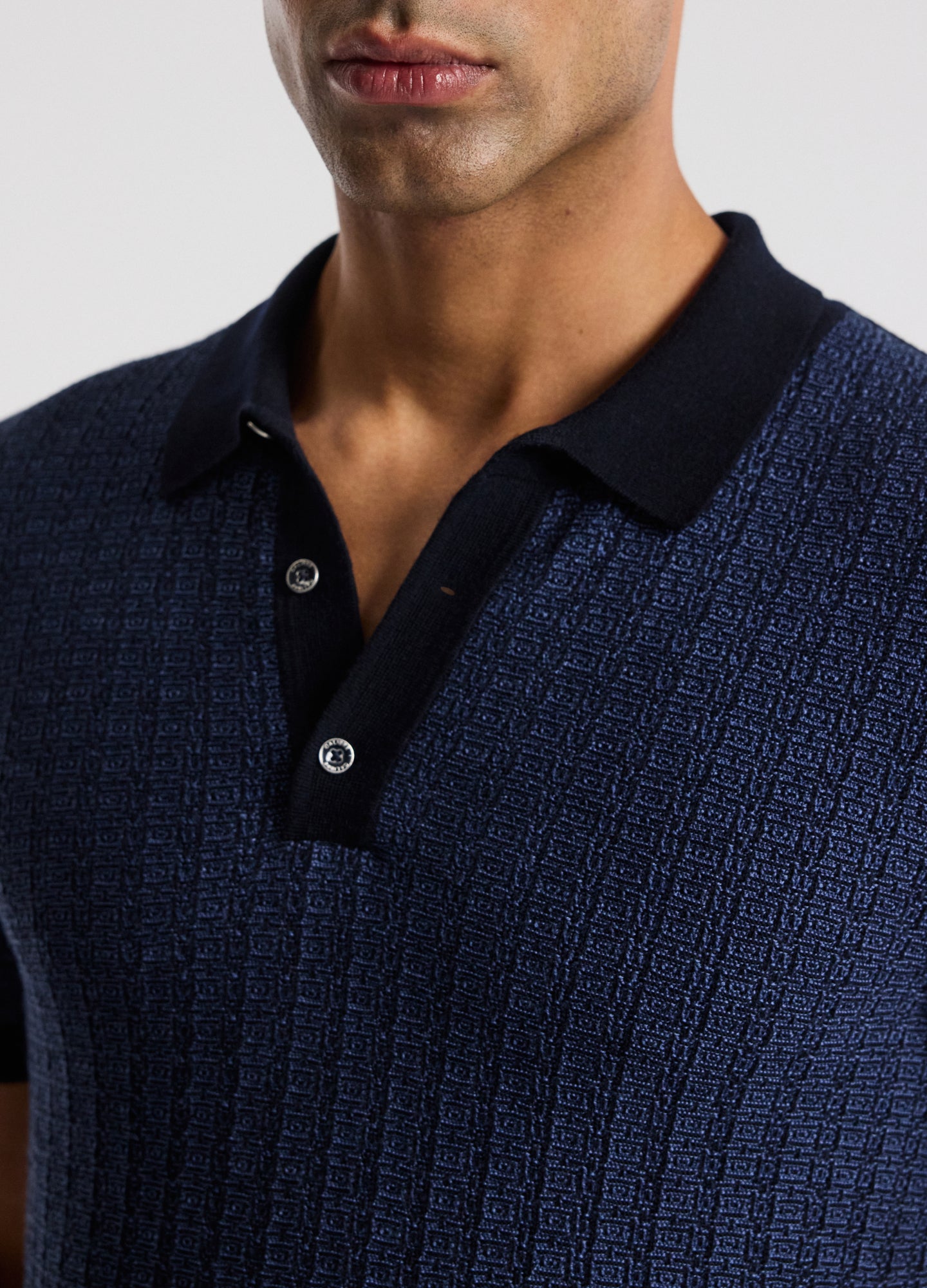 Textured Jacquard Merino Polo Navy