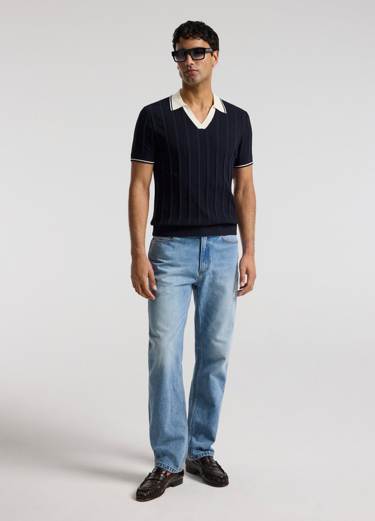 Contrast Trim Stripe Polo Navy