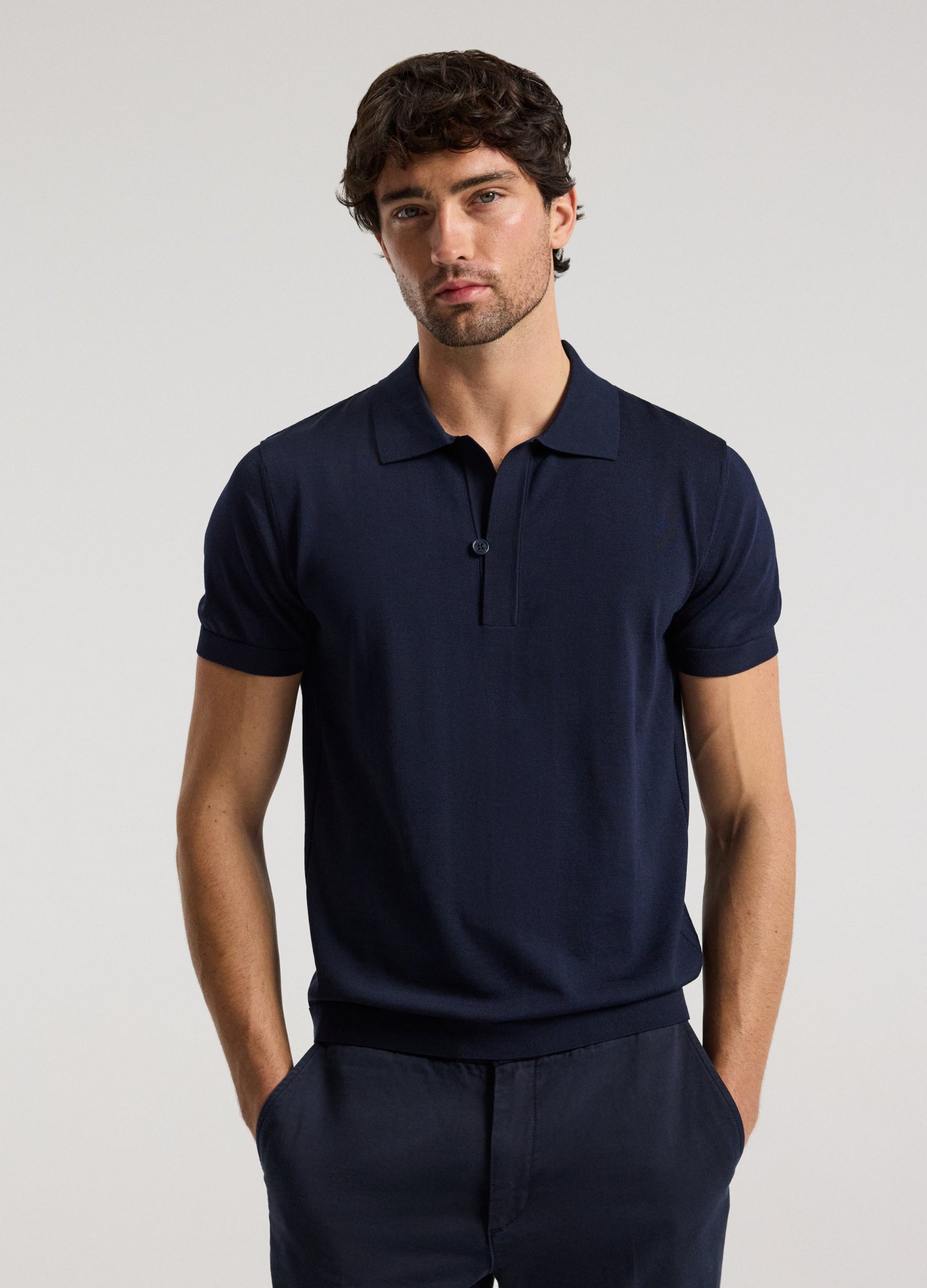 Technical Knit Button Polo Navy Light