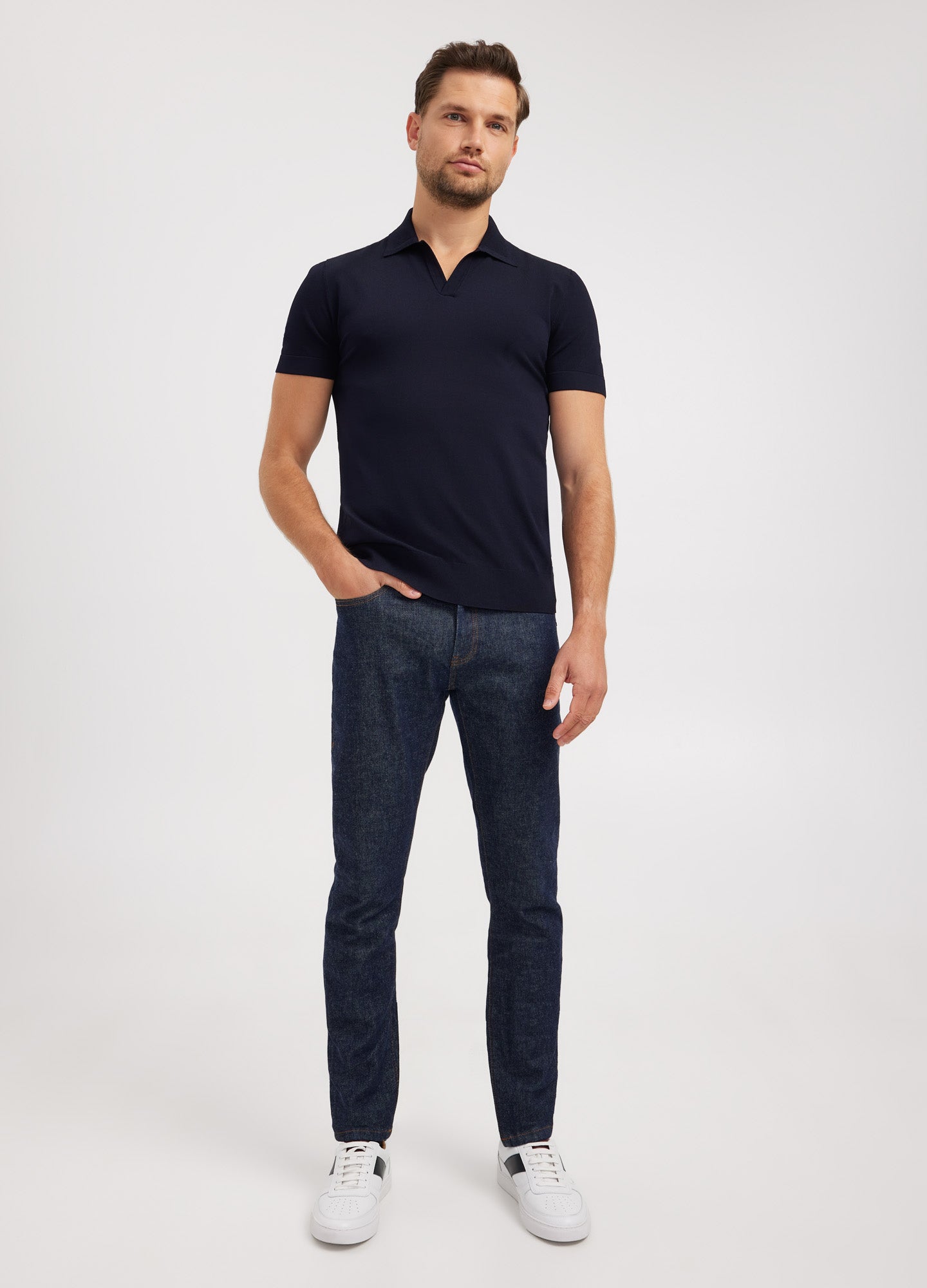 Rib Collar Tech Knit Polo Navy Dark