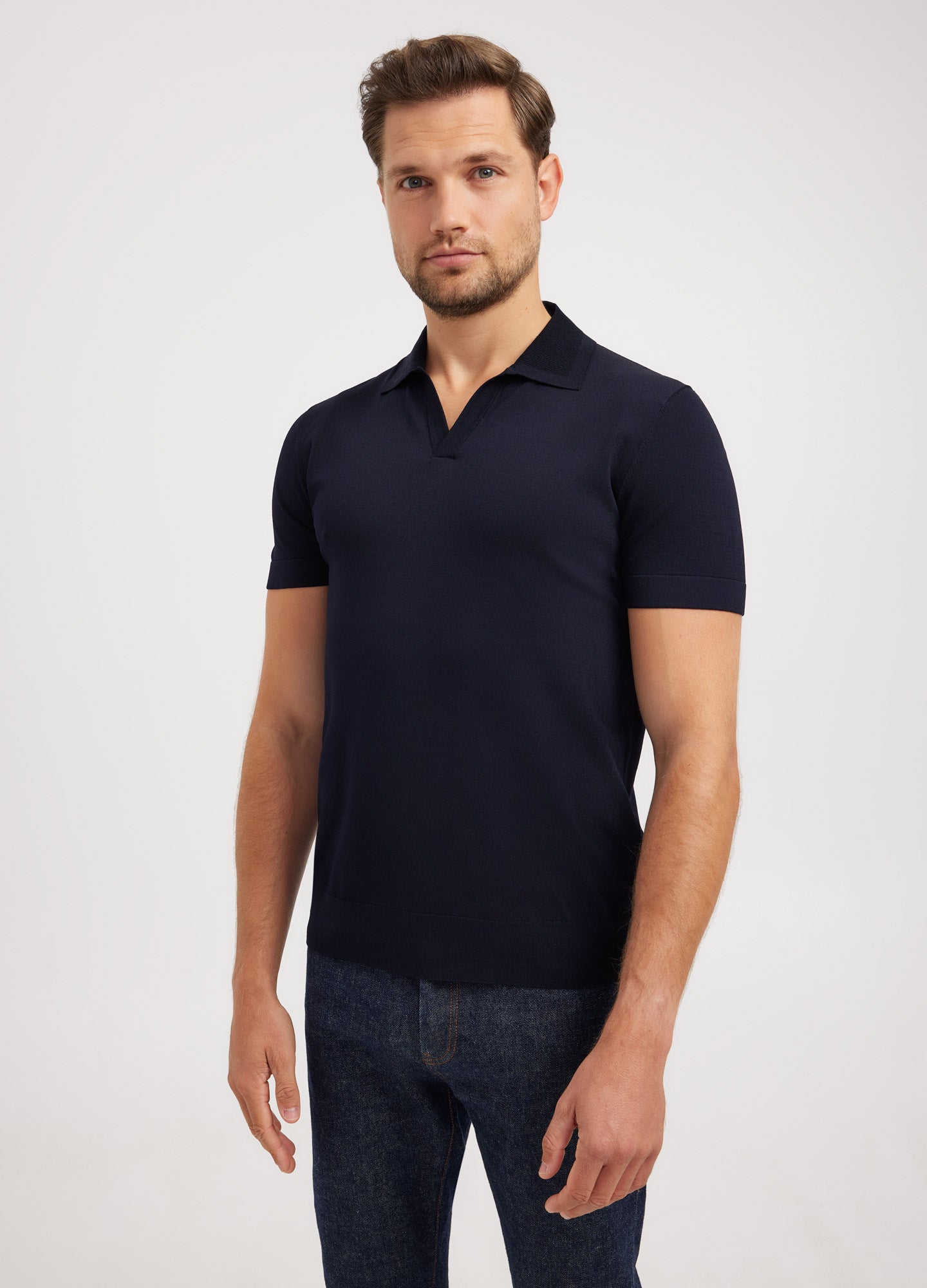 Rib Collar Tech Knit Polo Navy Dark