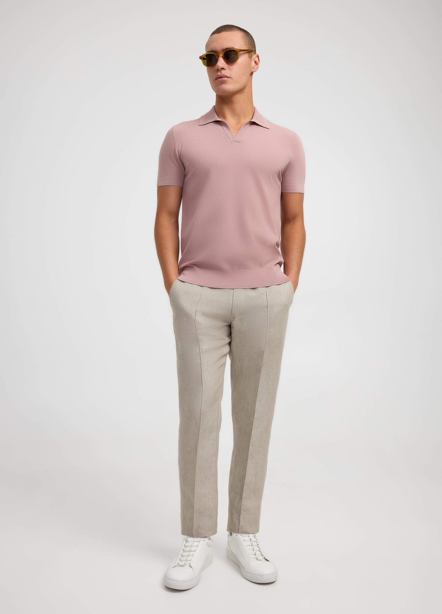 Rib Collar Tech Knit Polo Dusty Pink