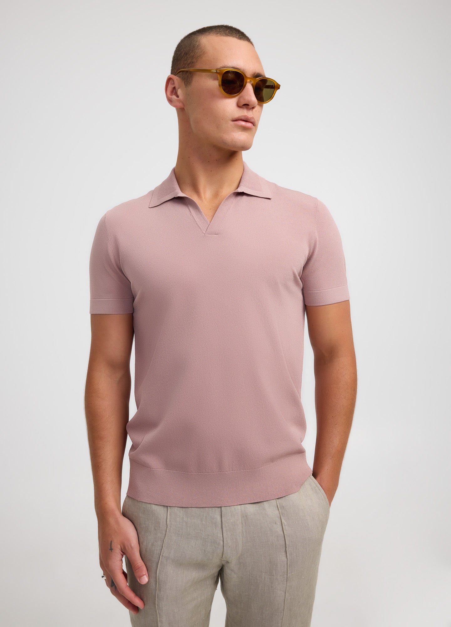 Rib Collar Tech Knit Polo Dusty Pink