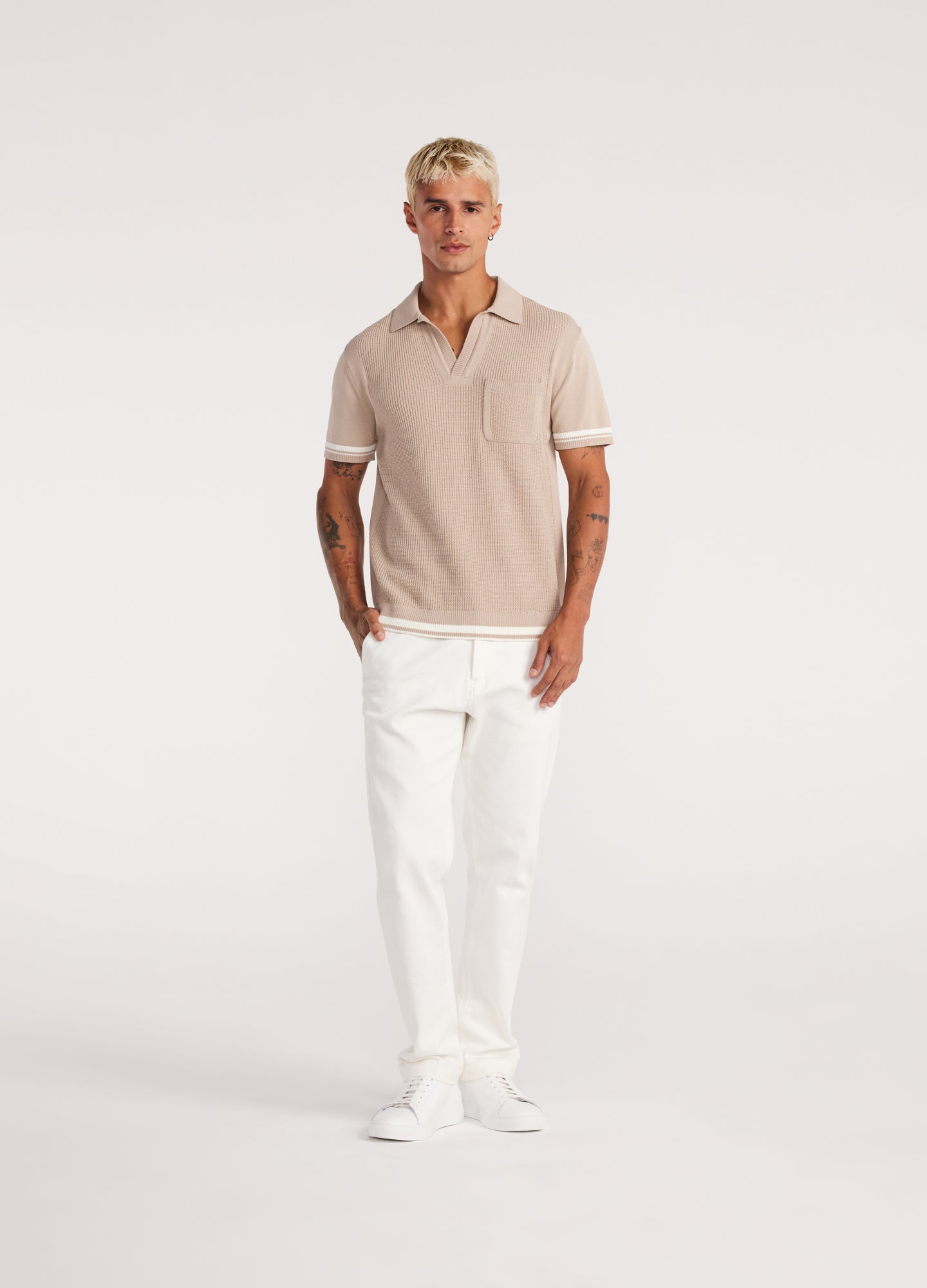 Striped Trim Textured Knit Polo Sand