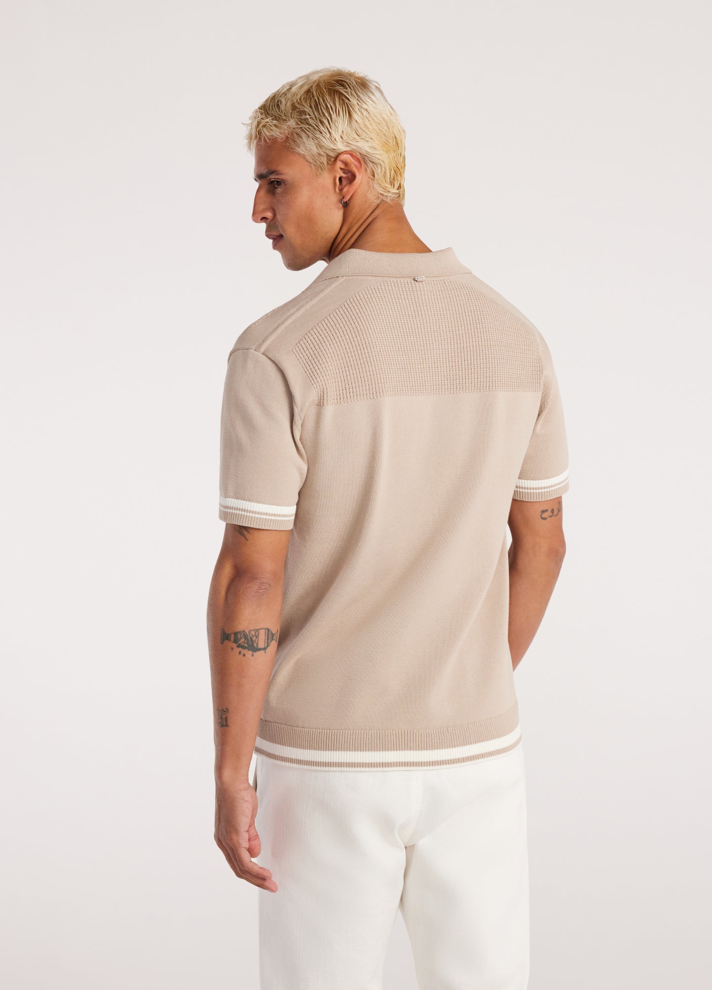 Striped Trim Textured Knit Polo Sand