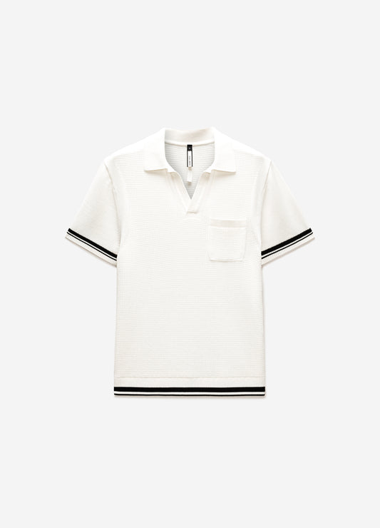 Striped Trim Textured Knit Polo Off White