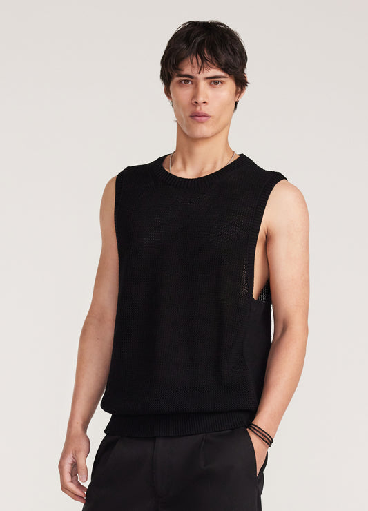 Mesh Knit Crew Neck Tank Black