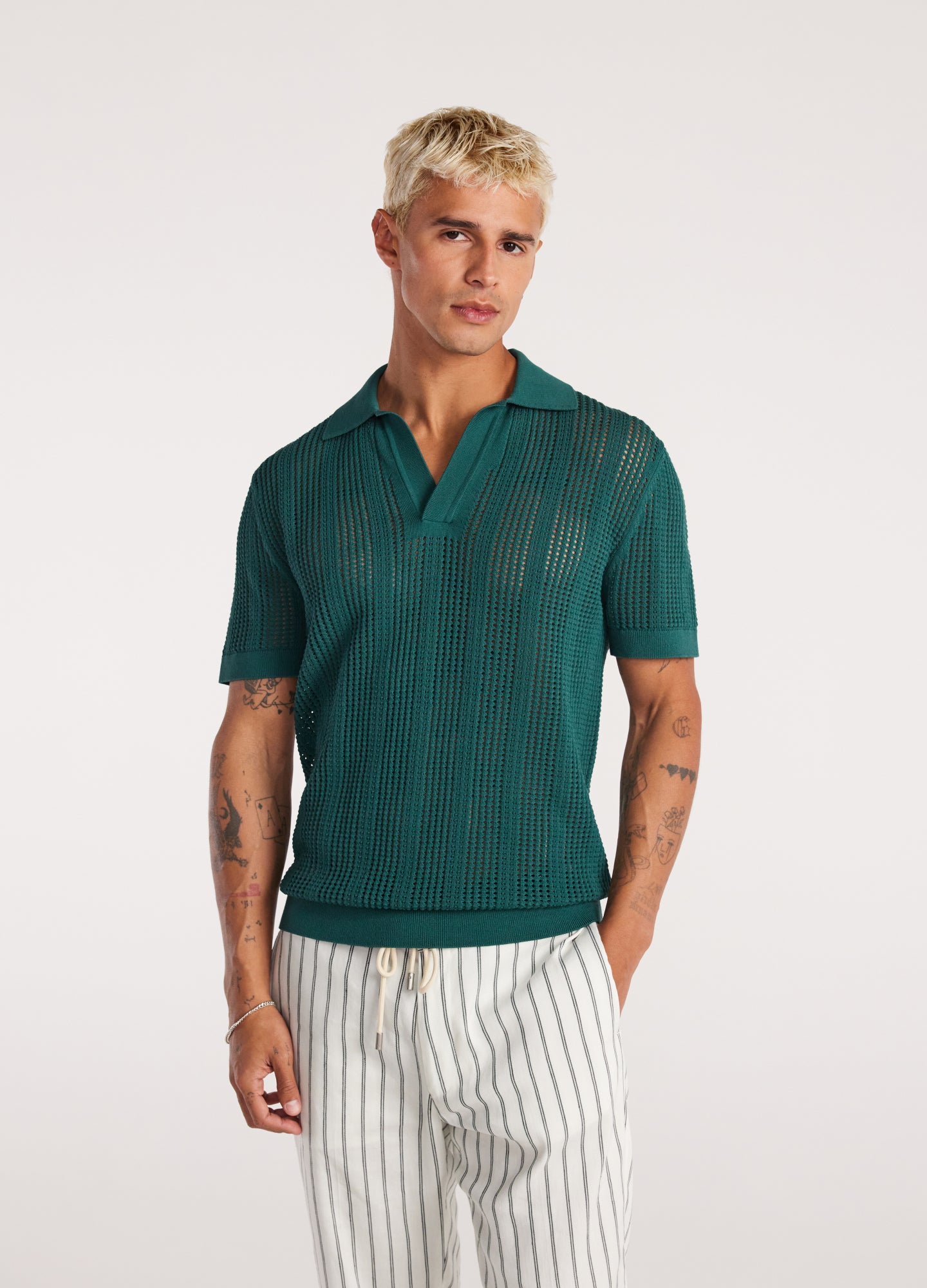 Self Stripe Mesh Knit Polo Jade