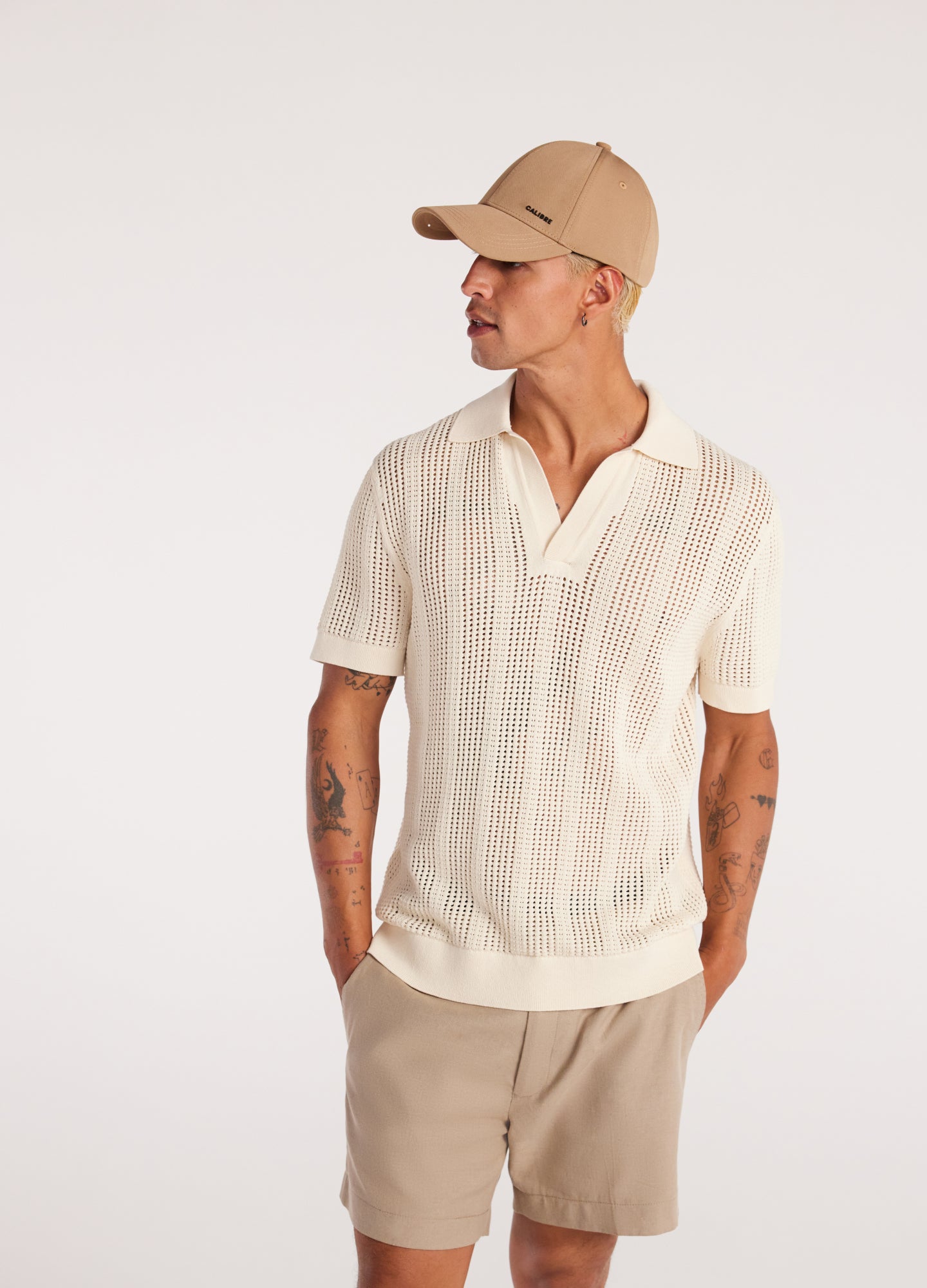 Self Stripe Mesh Knit Polo Wheat