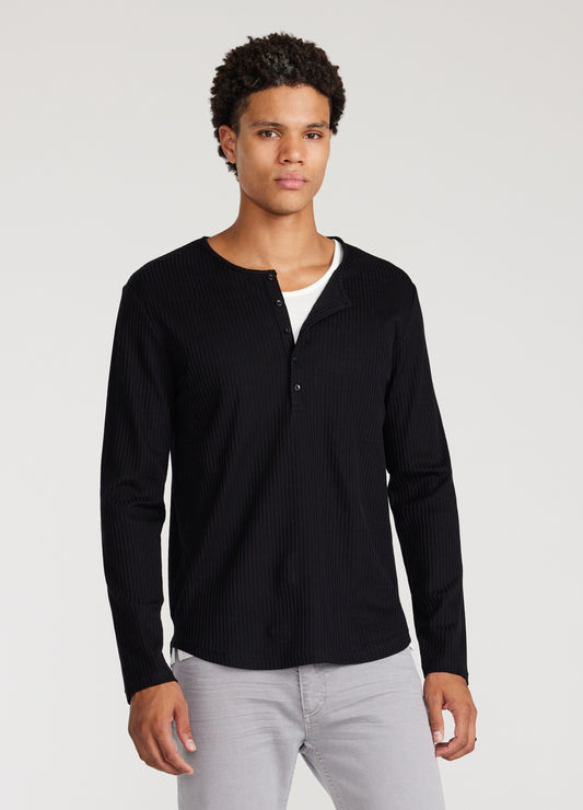 Long Sleeve Ribbed Henley Top Black