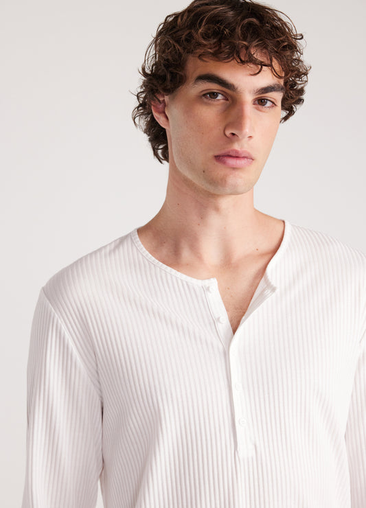 Long Sleeve Ribbed Henley Top Off White