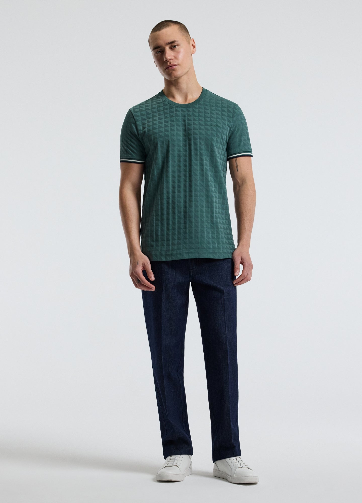 Striped Trim Jacquard T-shirt Sea Green