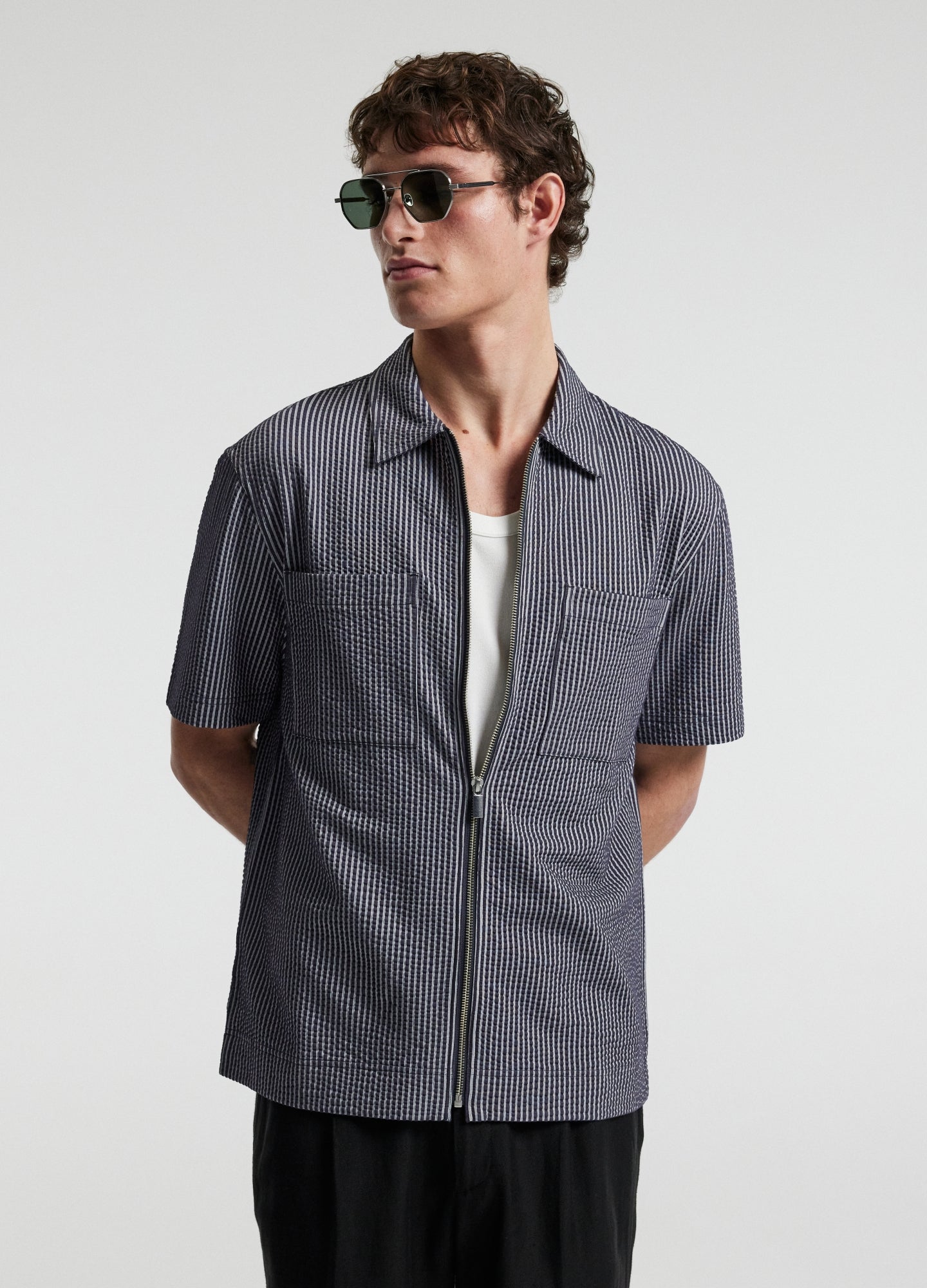 Stripe Zip Through Shirt Navy