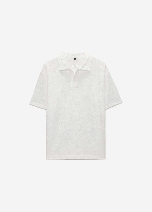 Open Neck Seersucker Polo Off White