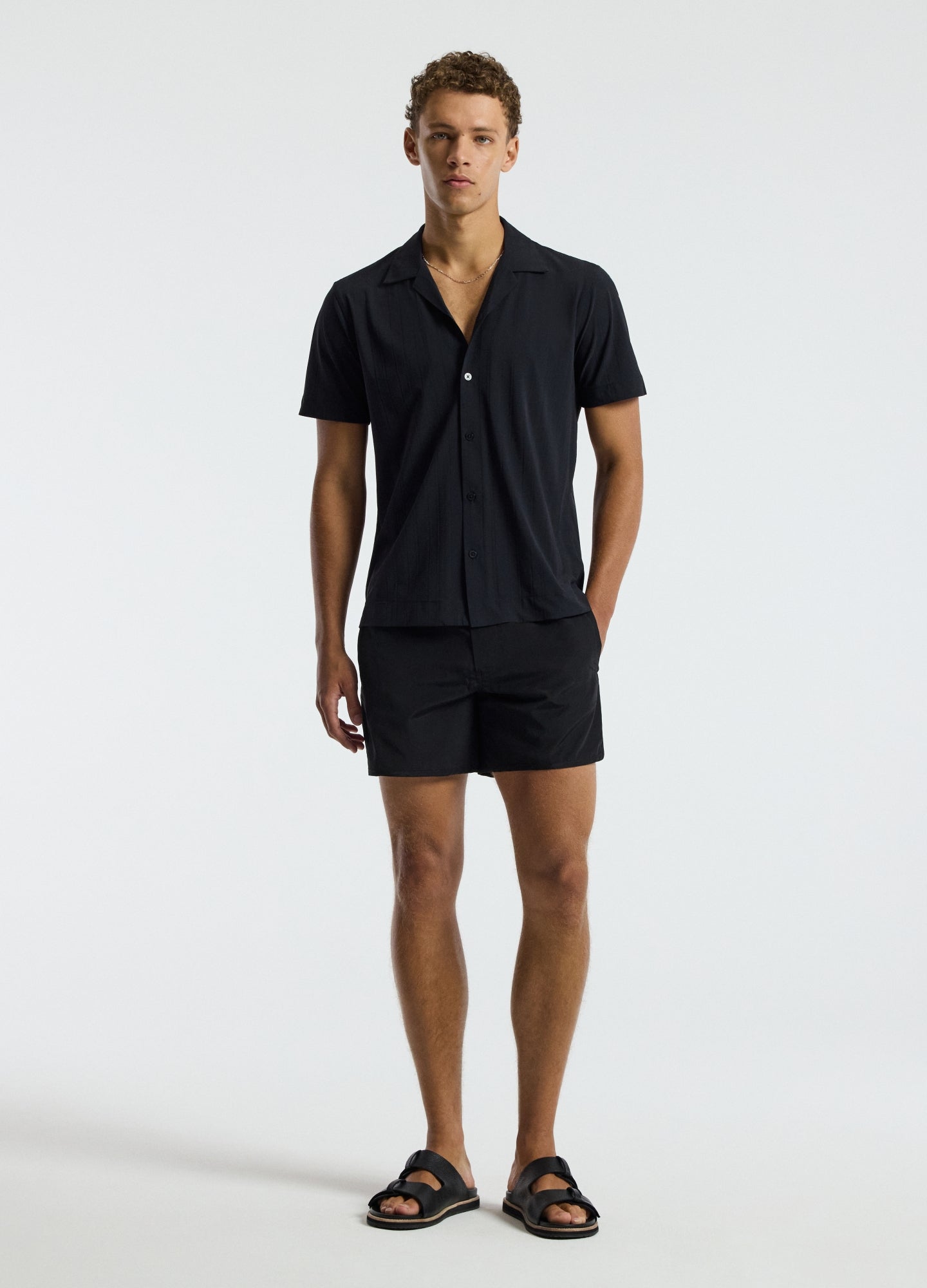Self Stripe Cuban Collar Shirt Black