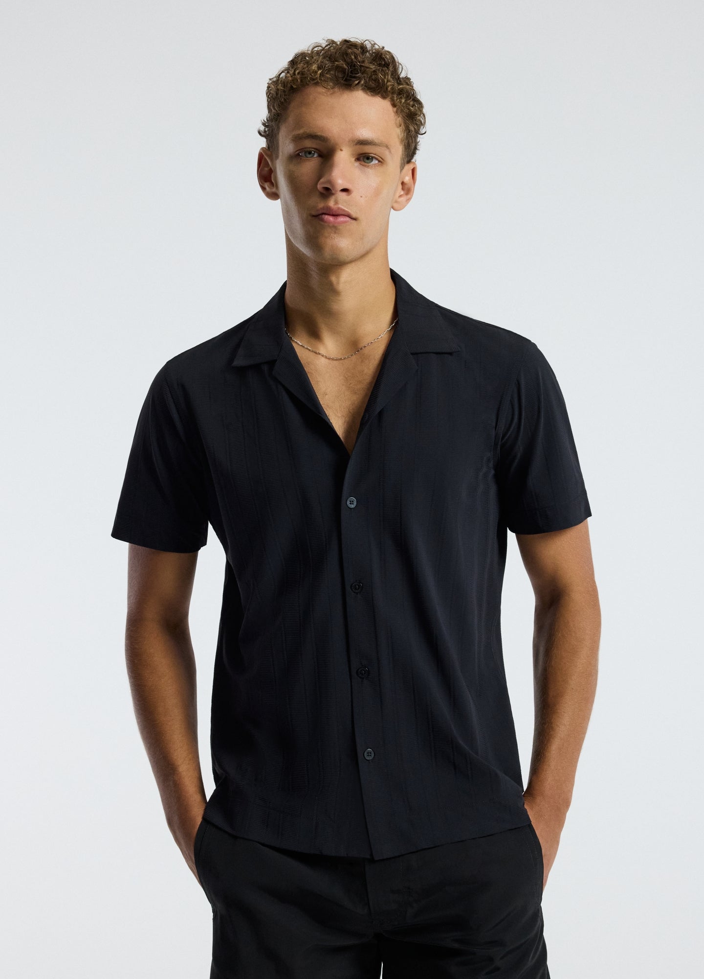 Self Stripe Cuban Collar Shirt Black