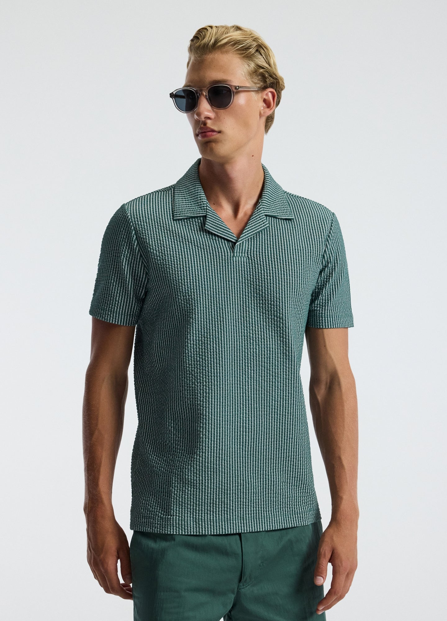 Striped Seersucker Polo Shirt Sea Green