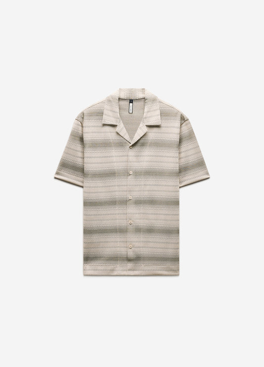 Textured Stripe Cuban Collar Shirt Neutral
