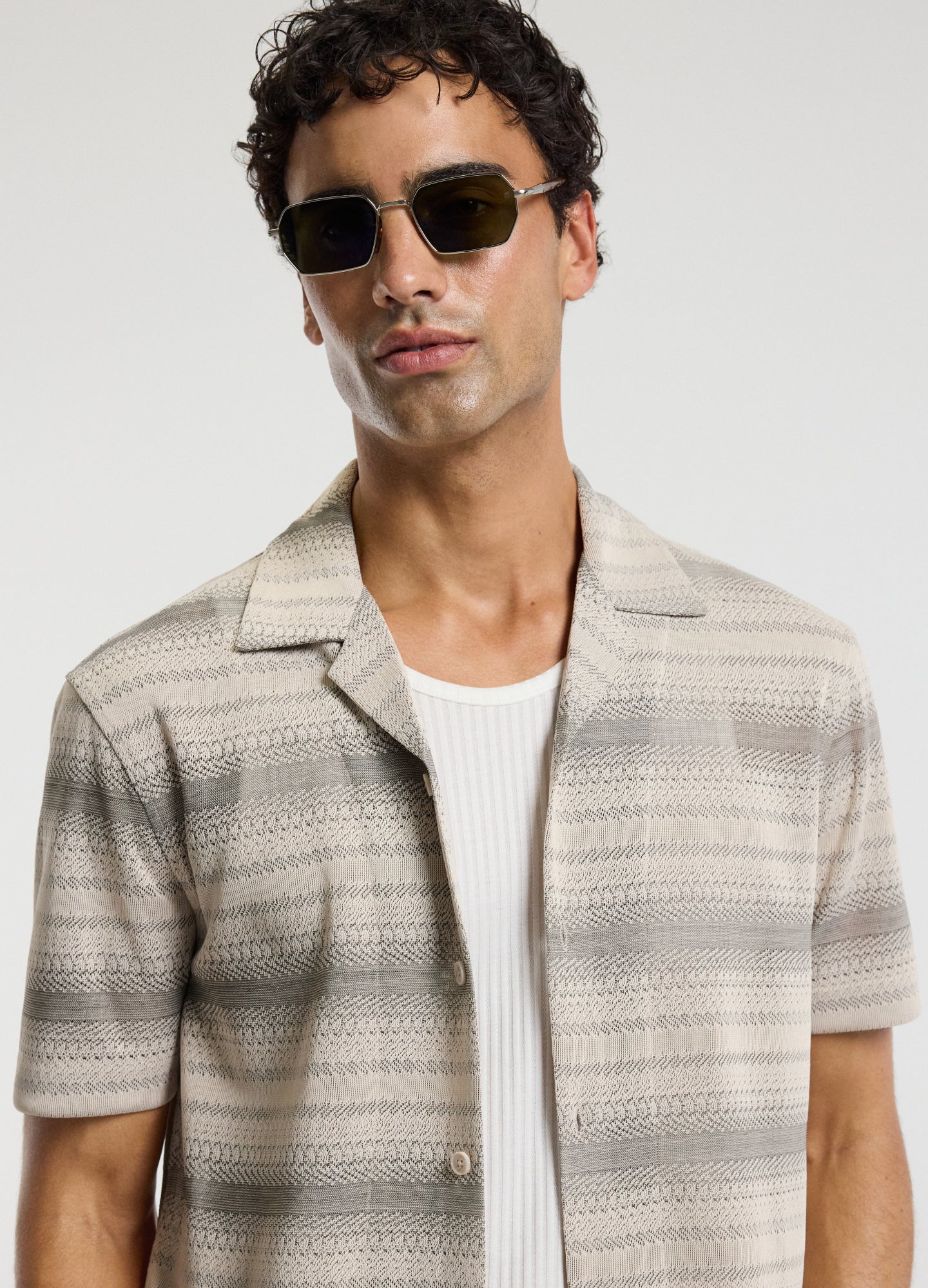 Textured Stripe Cuban Collar Shirt Neutral