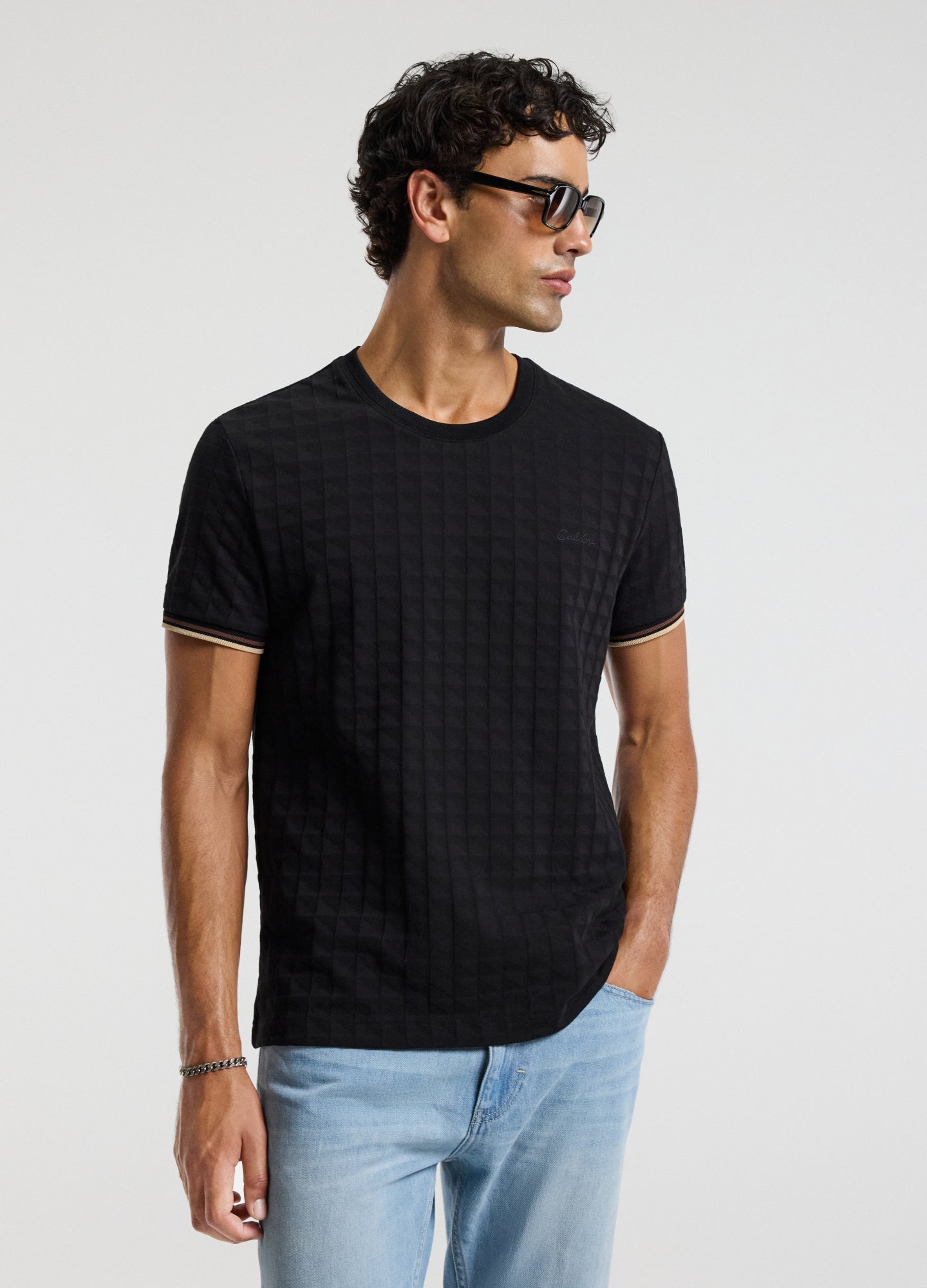 Stripe Trim Jacquard T-shirt Black