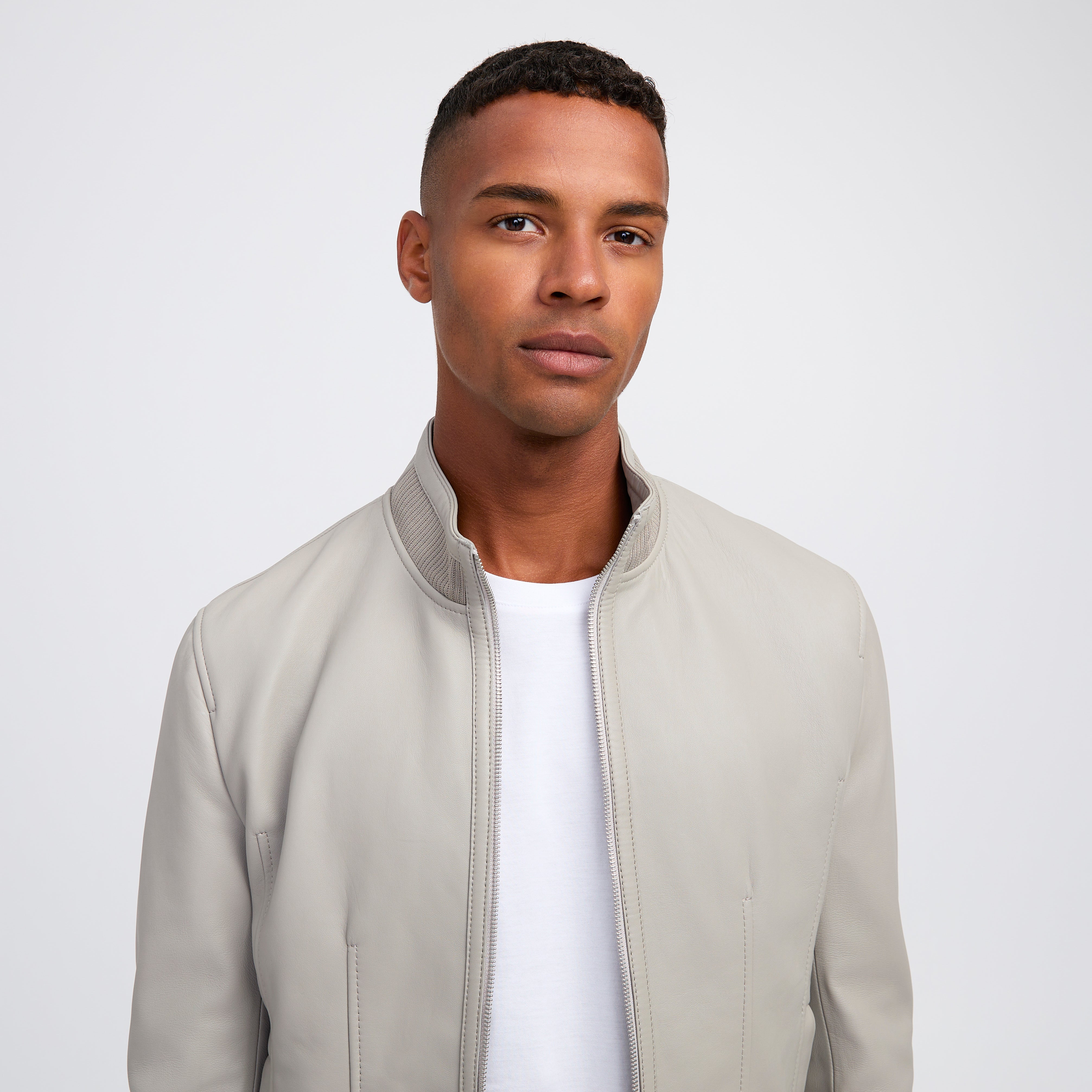 Funnel Neck Leather Harrington Jacket Warm Grey Calibre Menswear