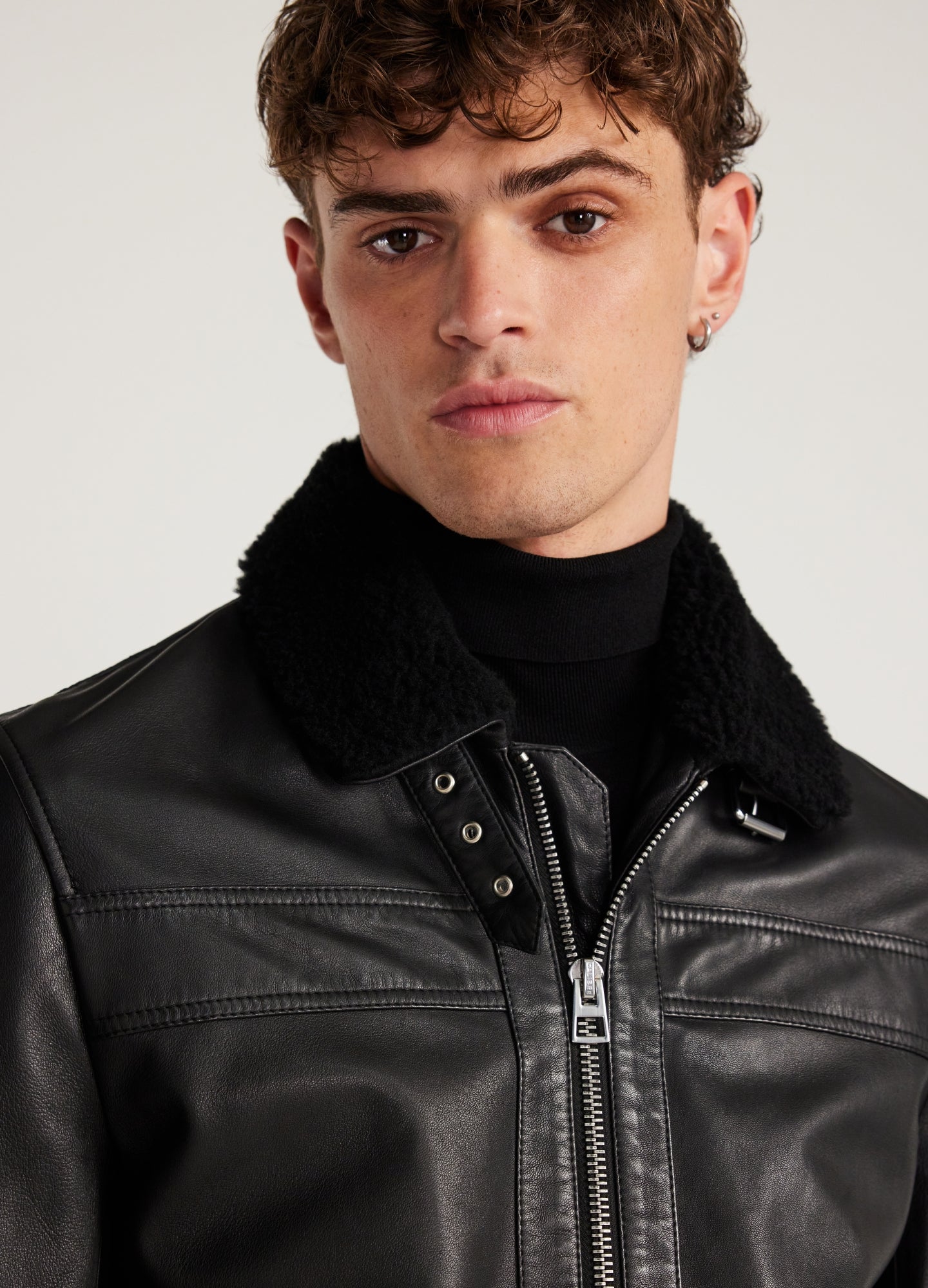 Shearling Trim Leather Jacket Black