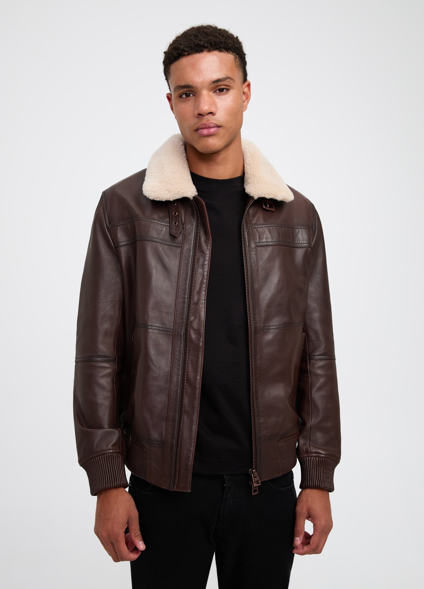 Shearling Trim Leather Jacket Tan Dark Calibre Menswear