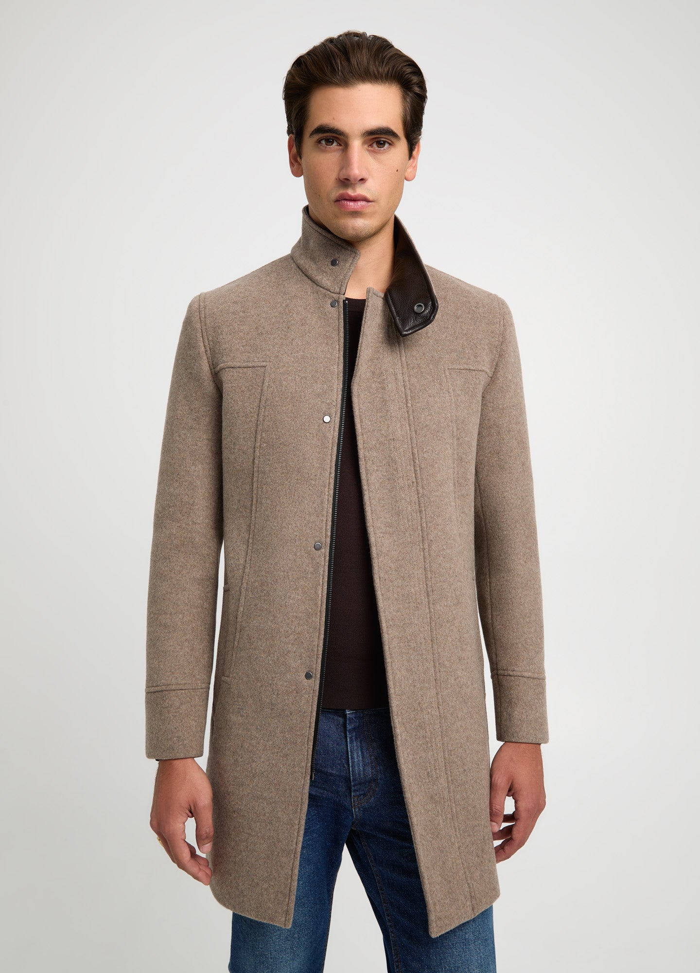 Leather Trim Melton Coat Camel Combo