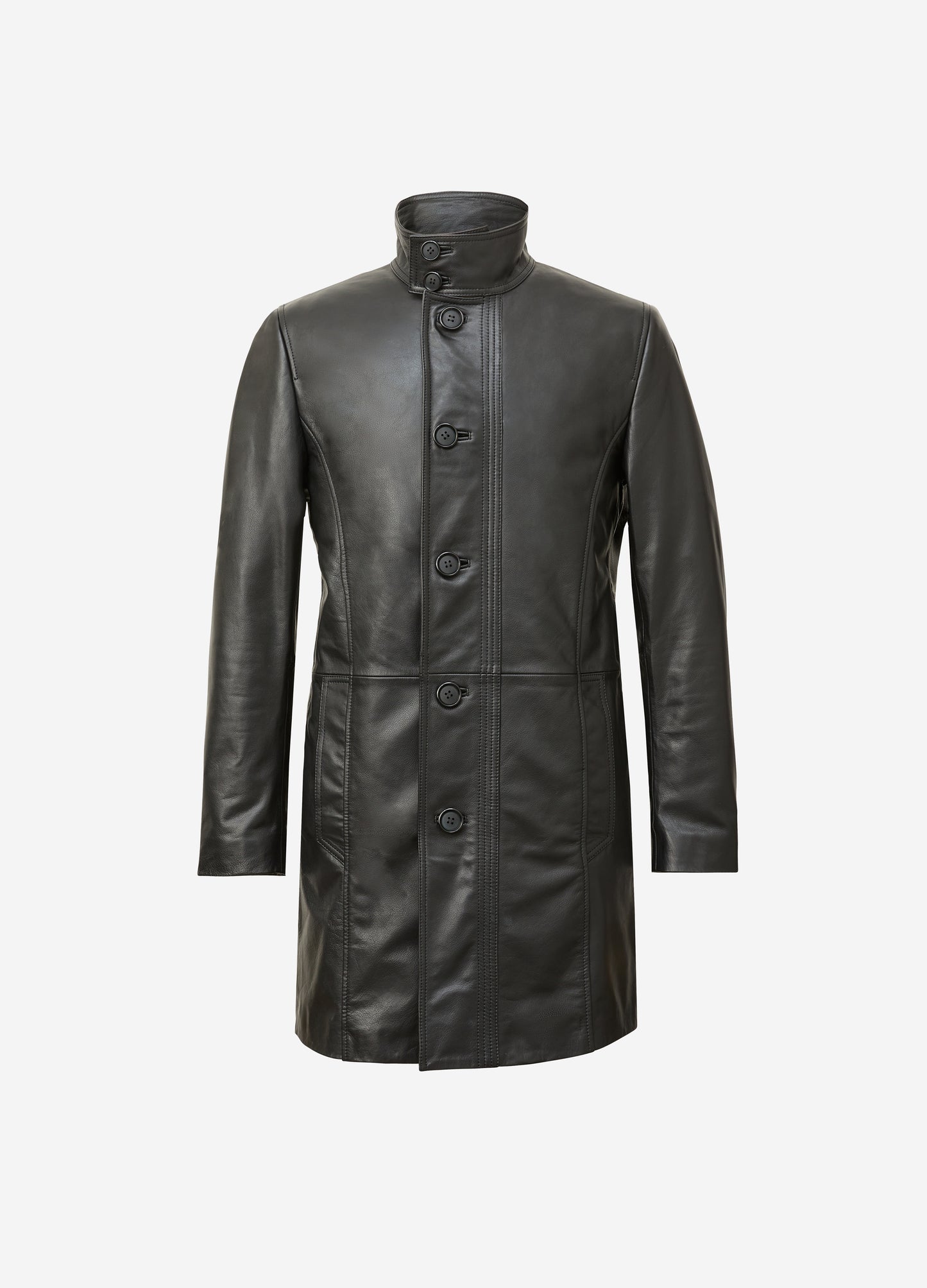 Funnel Neck Leather Coat Black