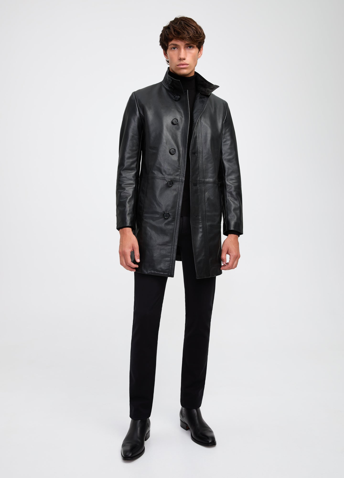 Funnel Neck Leather Coat Black