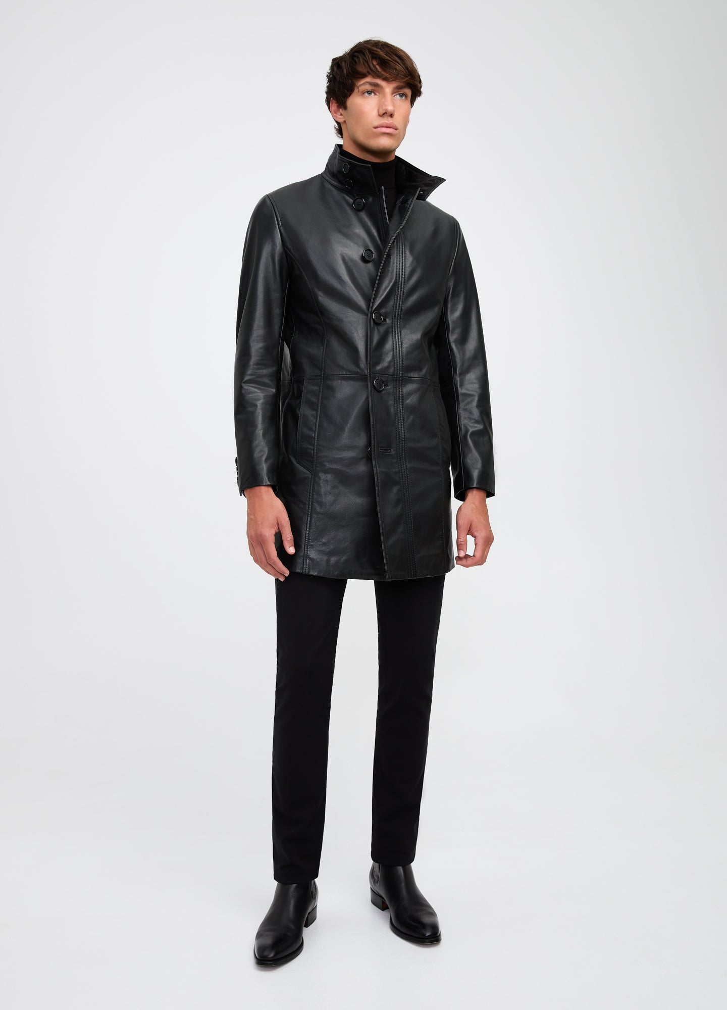 Funnel Neck Leather Coat Black