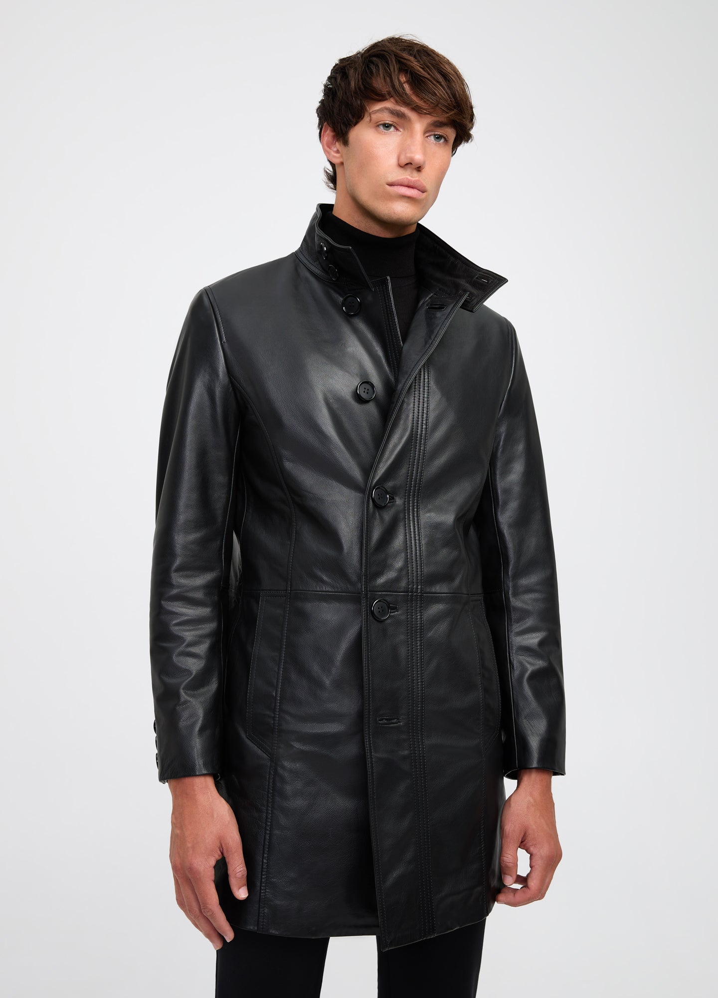 Funnel Neck Leather Coat Black