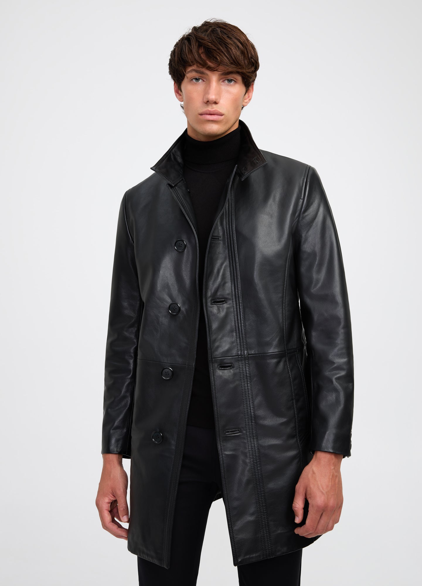 Funnel Neck Leather Coat Black