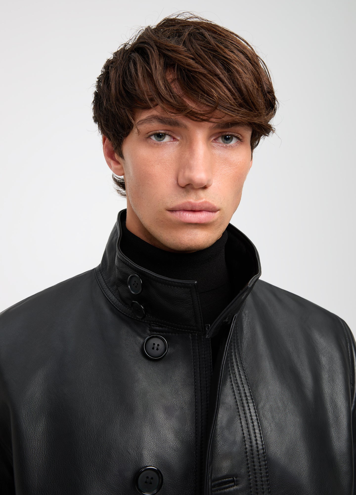 Funnel Neck Leather Coat Black