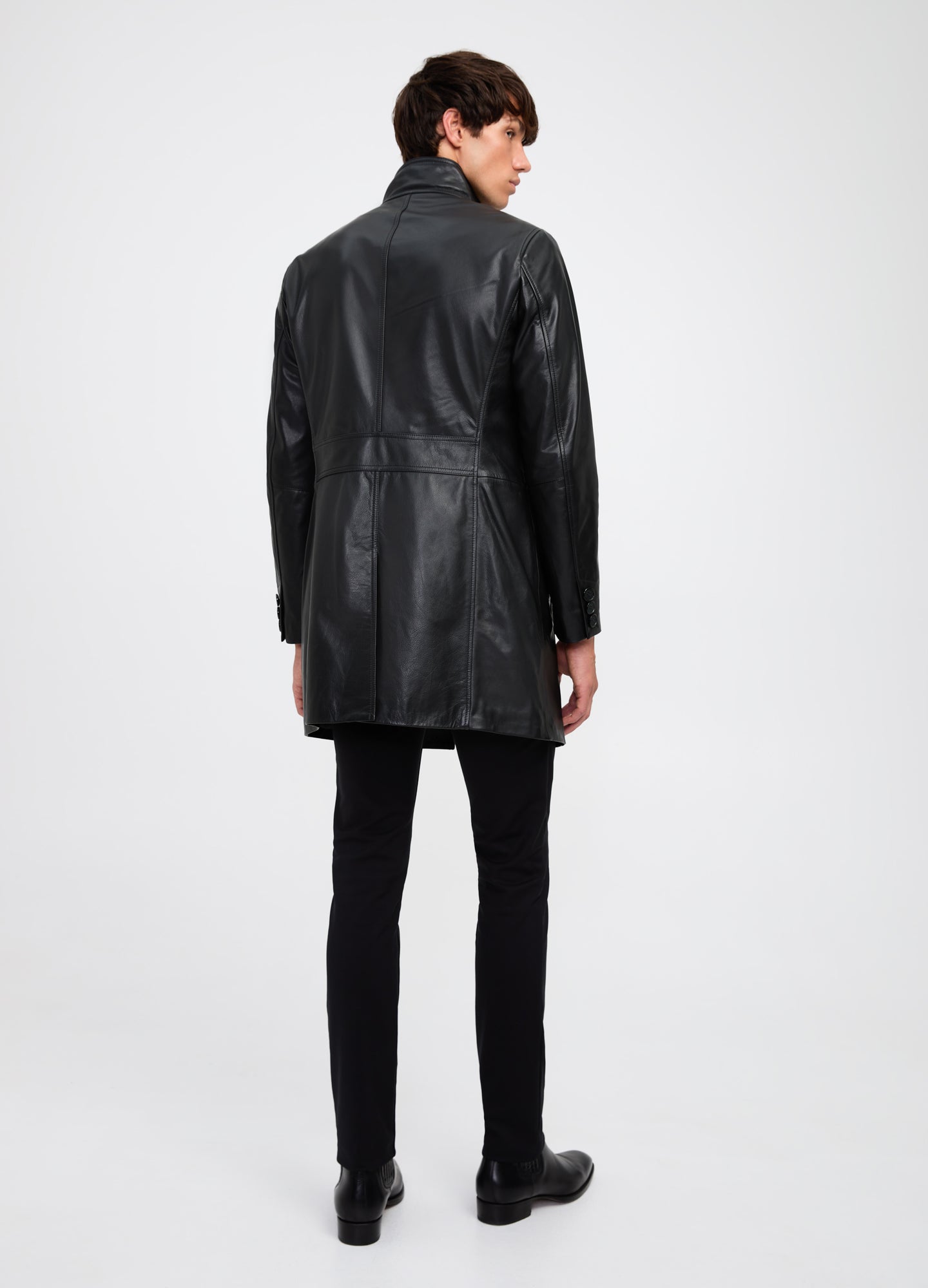 Funnel Neck Leather Coat Black