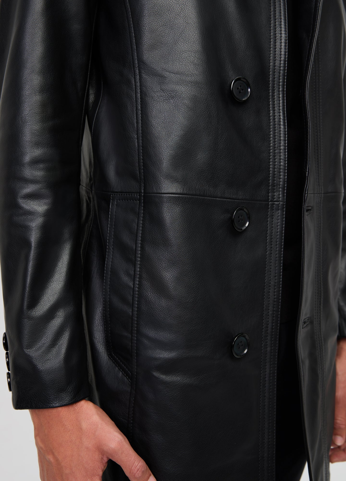 Funnel Neck Leather Coat Black