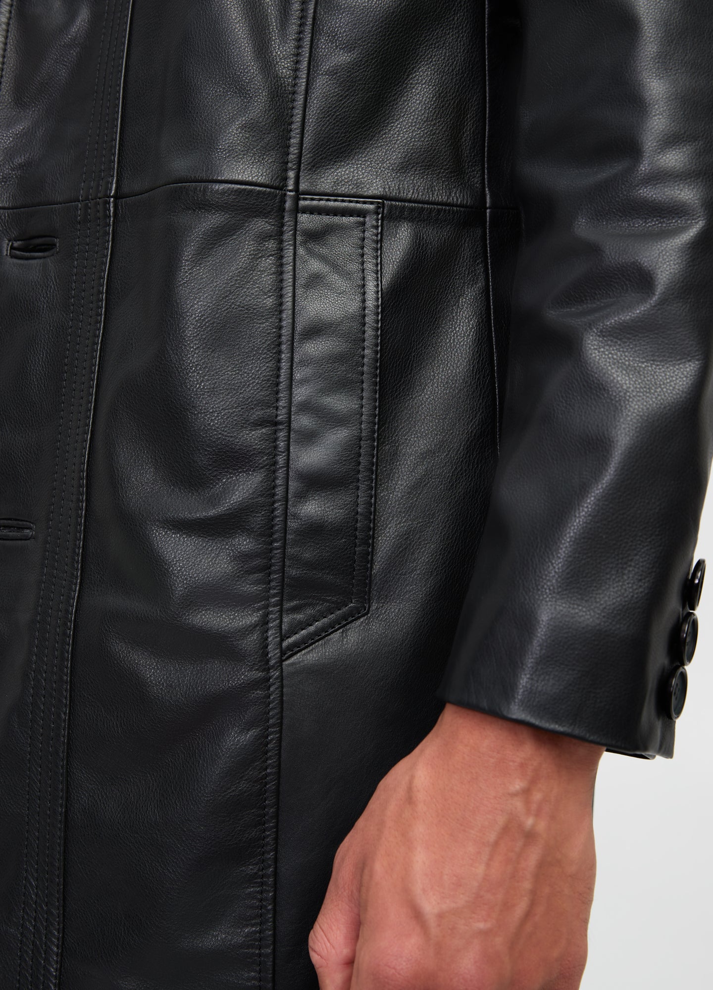 Funnel Neck Leather Coat Black