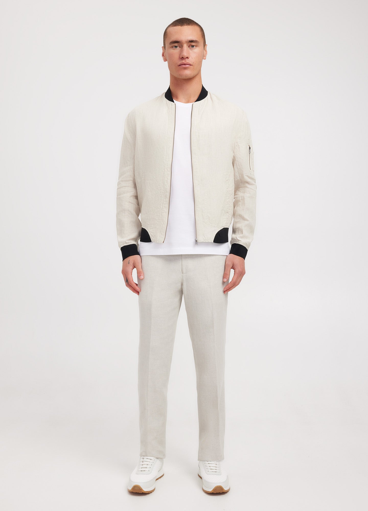 Linen Zip Through Bomber Jacket Natural
