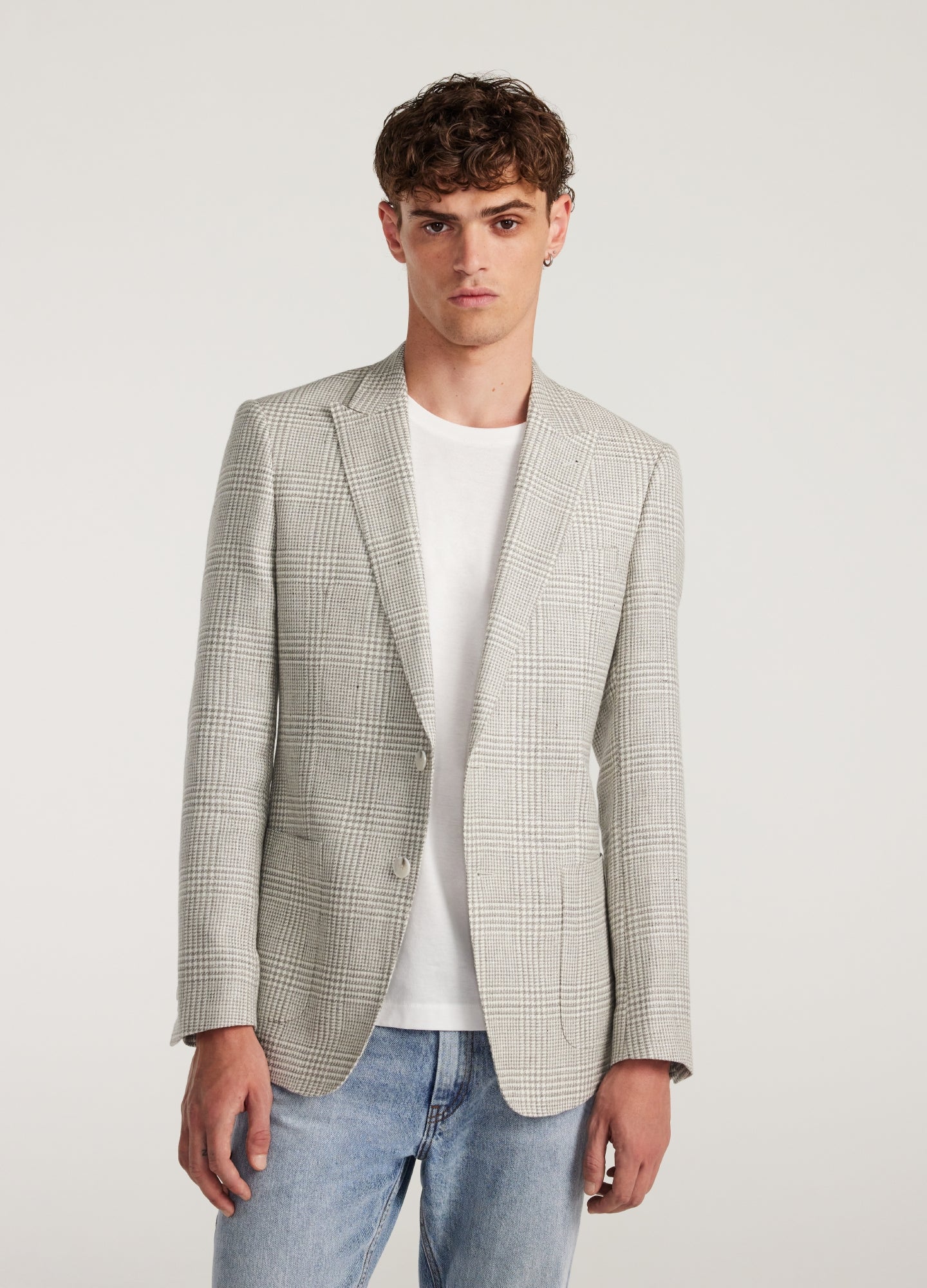 Wool Linen Check Blazer Silver