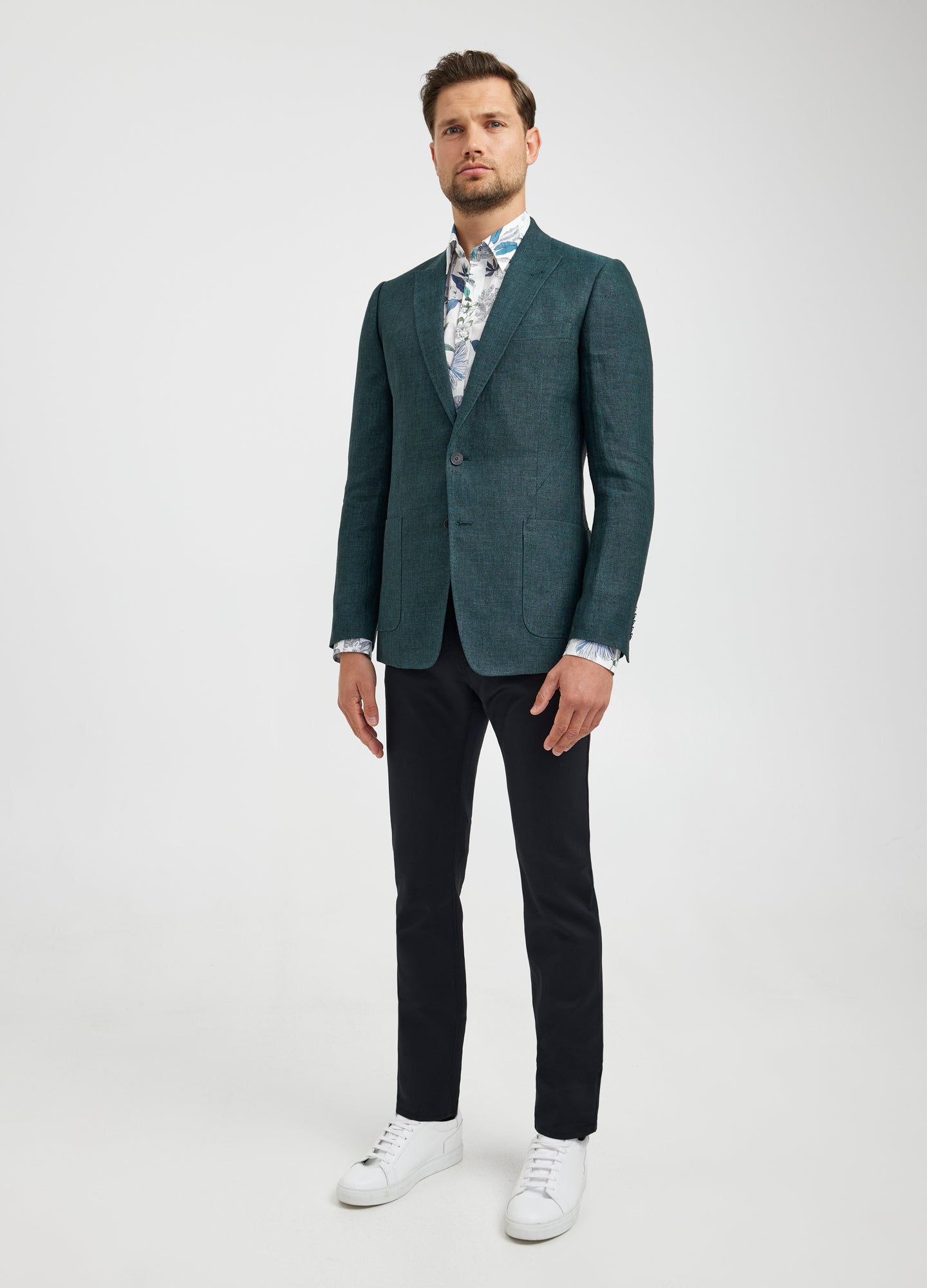 Textured Delave Linen Blazer Dark Green