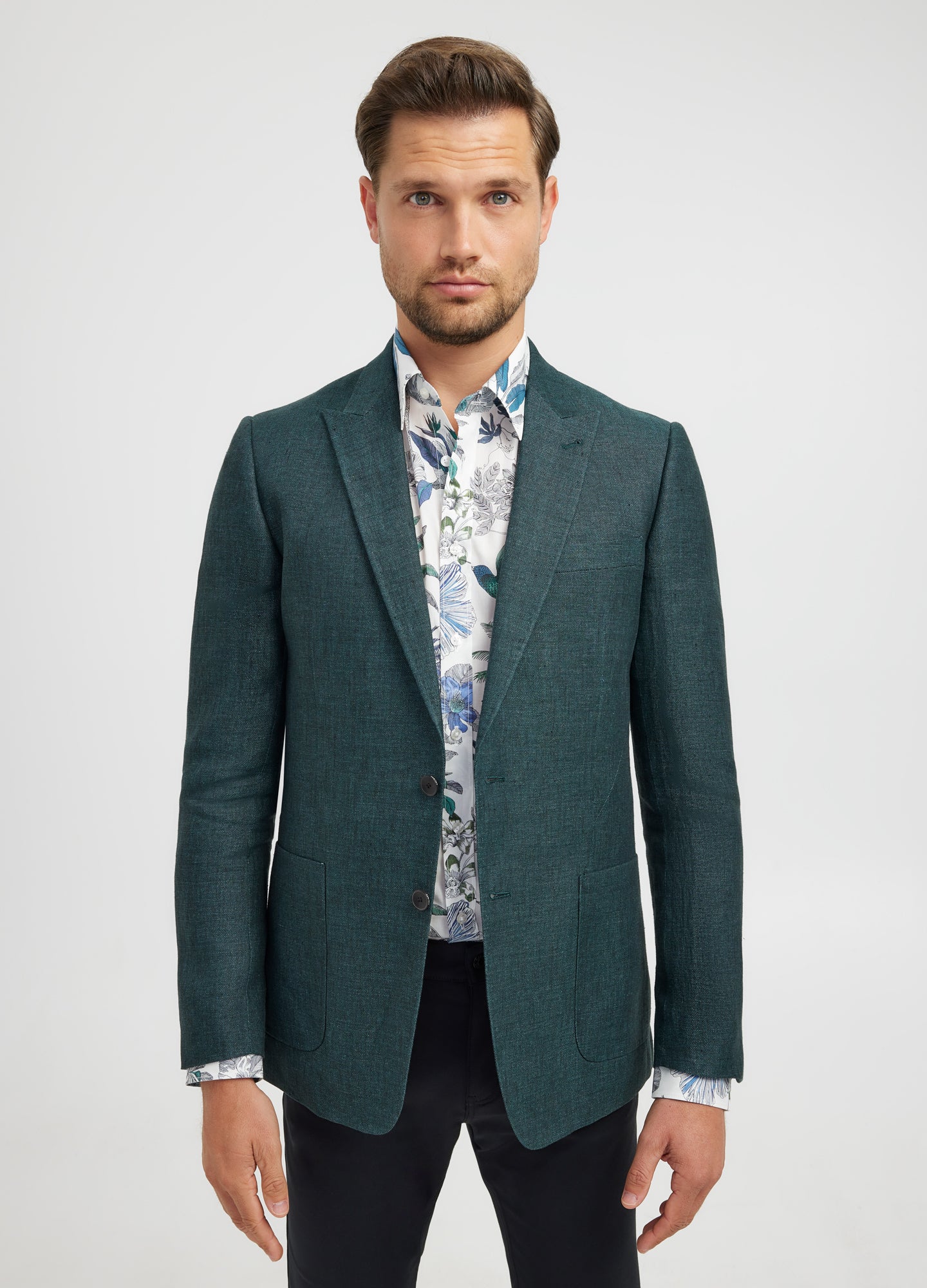 Textured Delave Linen Blazer Dark Green